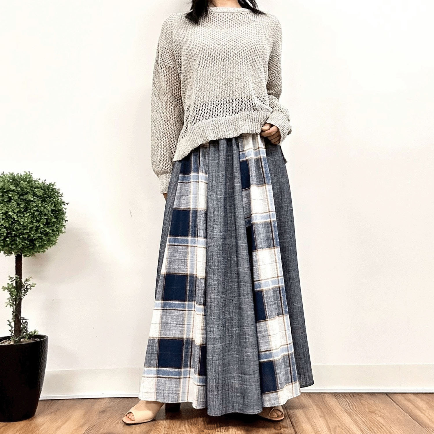 MONiLE 麻混チェック＆無地コンビスカート - 画像7