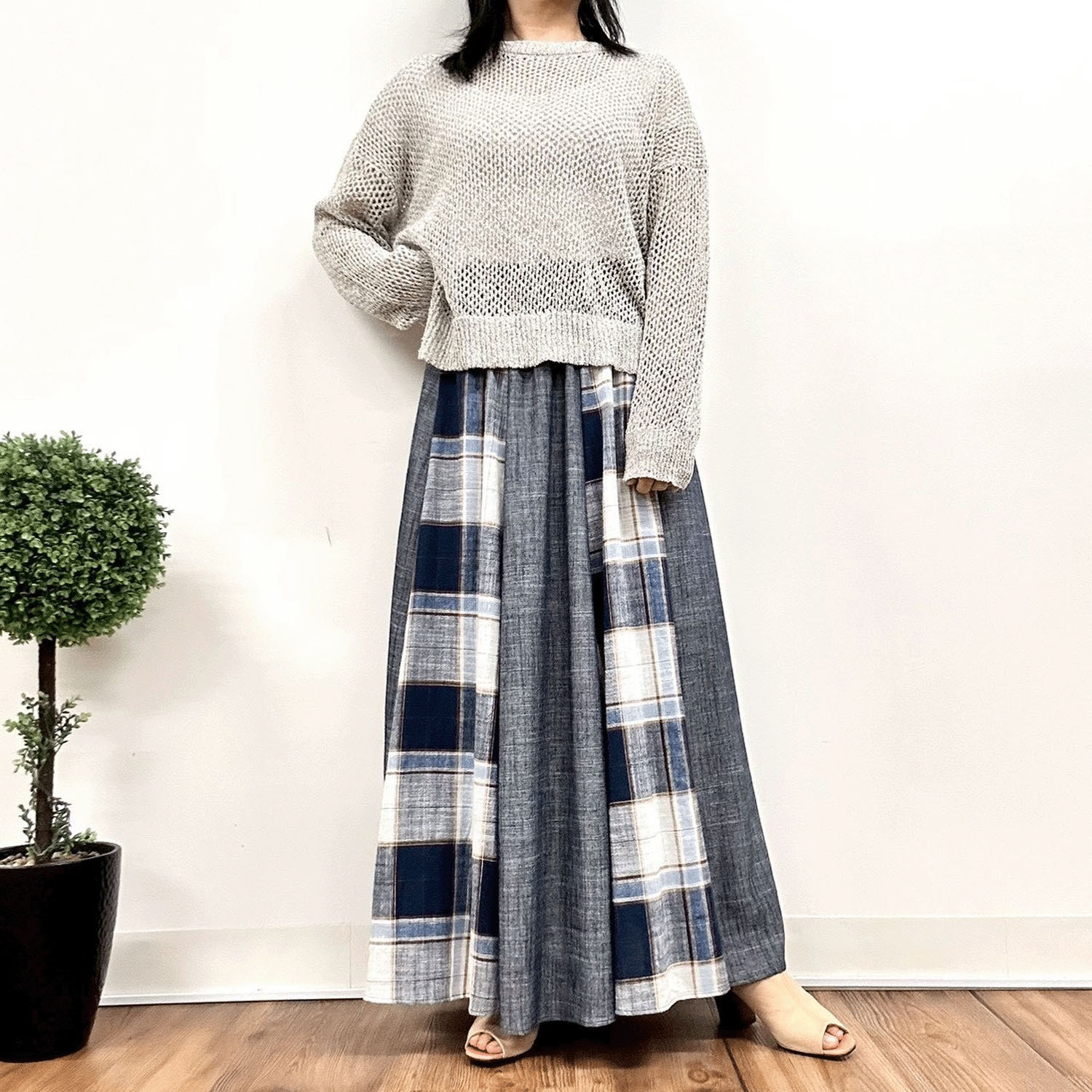 MONiLE 麻混チェック＆無地コンビスカート - 画像8