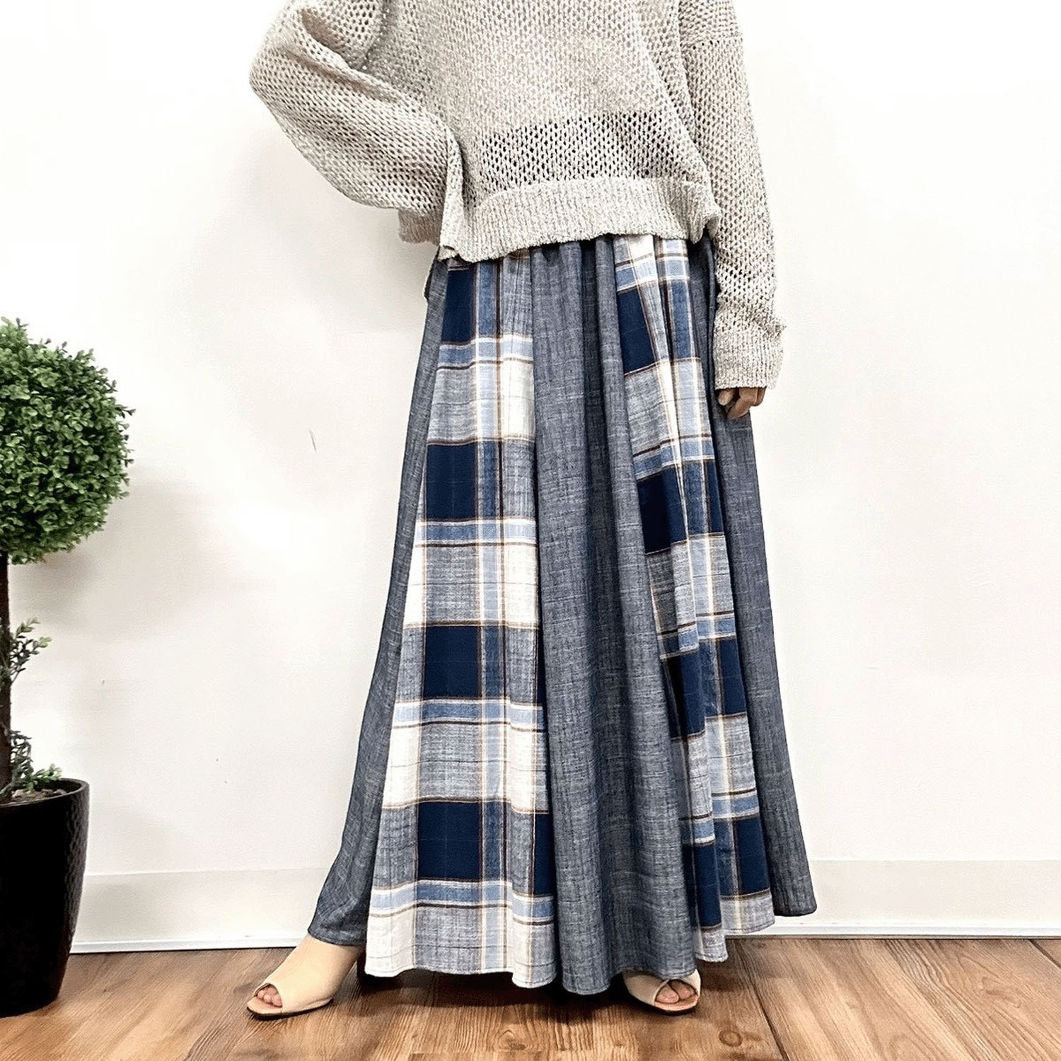 MONiLE 麻混チェック＆無地コンビスカート