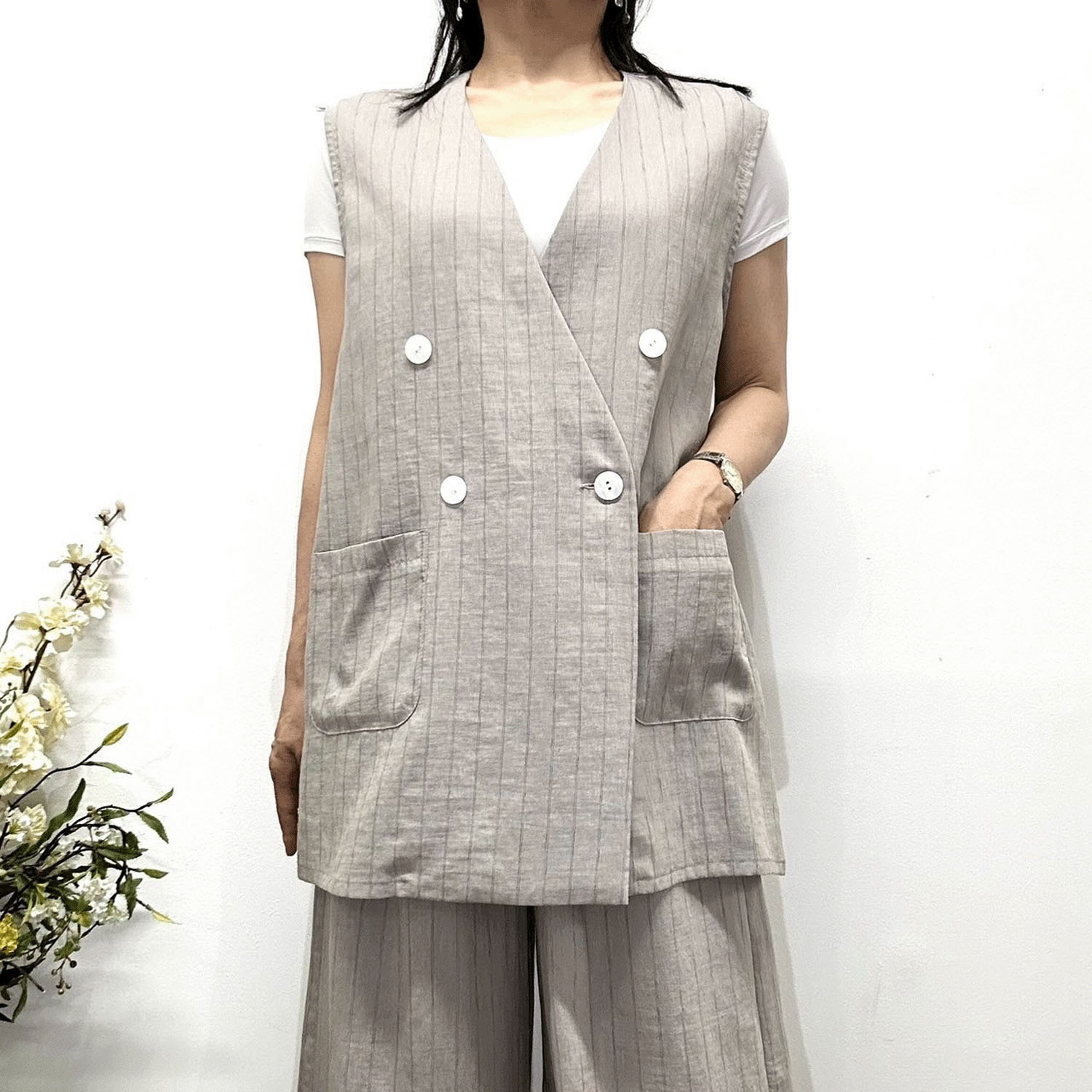 【Insta Live】MONiLE シアーストライプノースリジャケット - 画像2