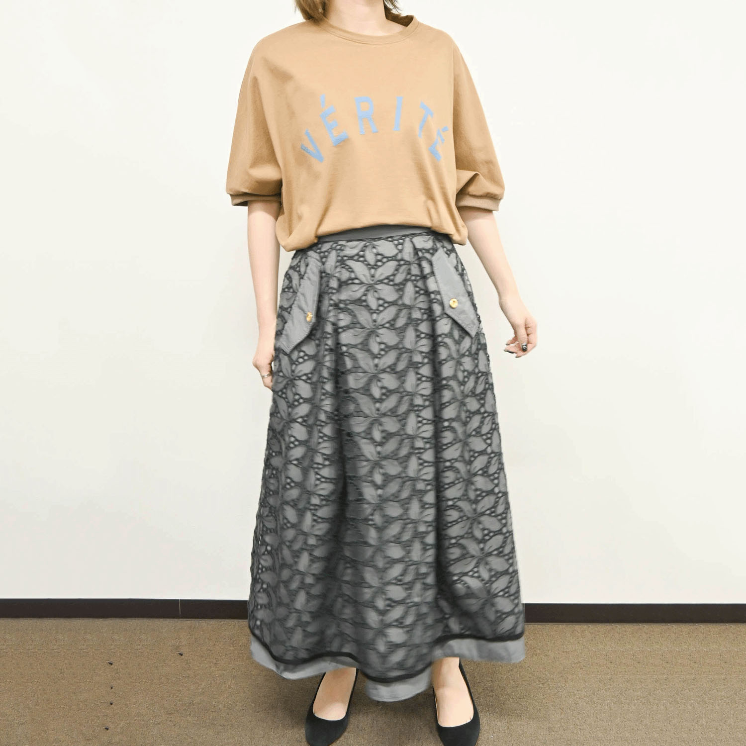 trois オーガンジーレース×ツイルレイヤードスカート - 画像4