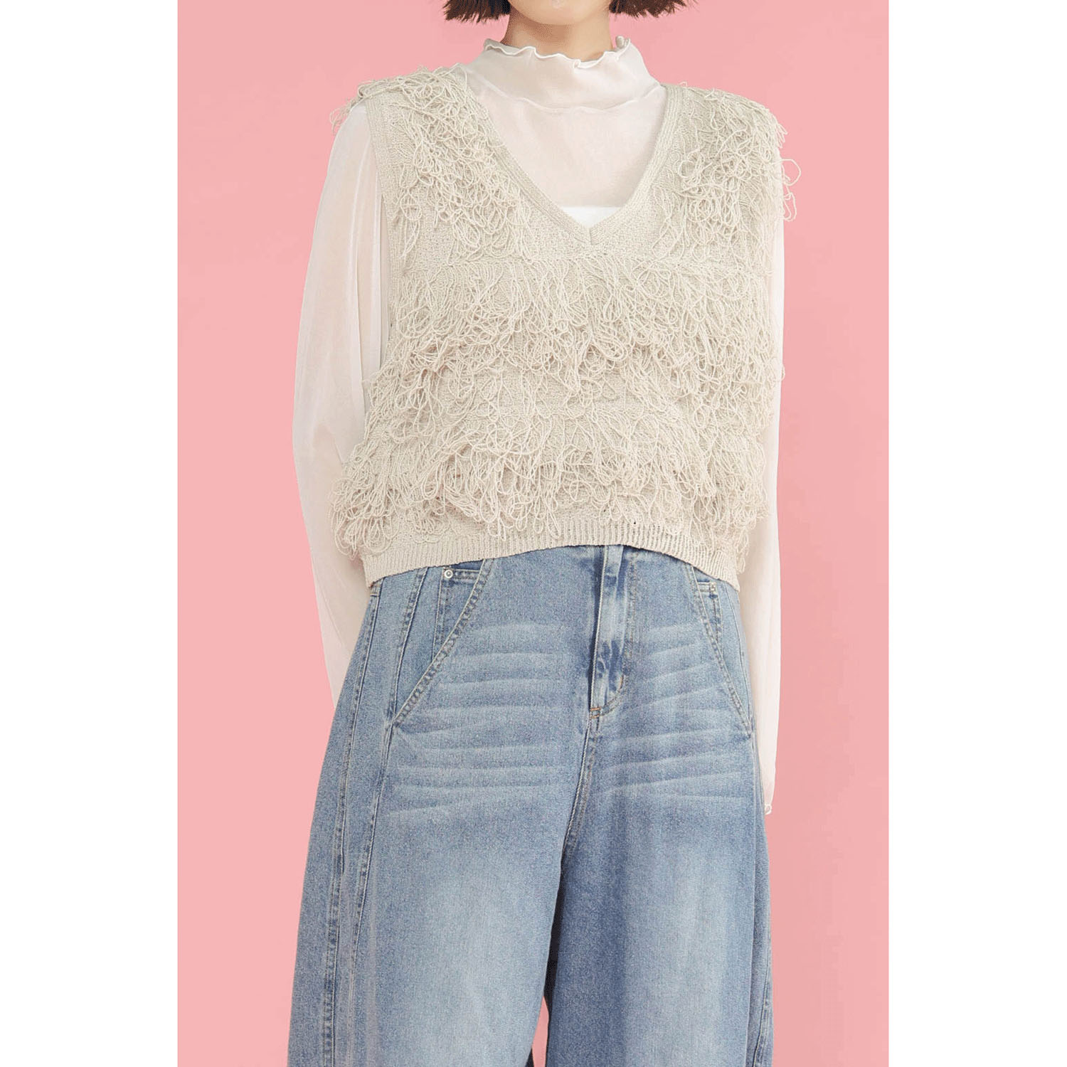 trois ループフリンジショートベスト - 画像5