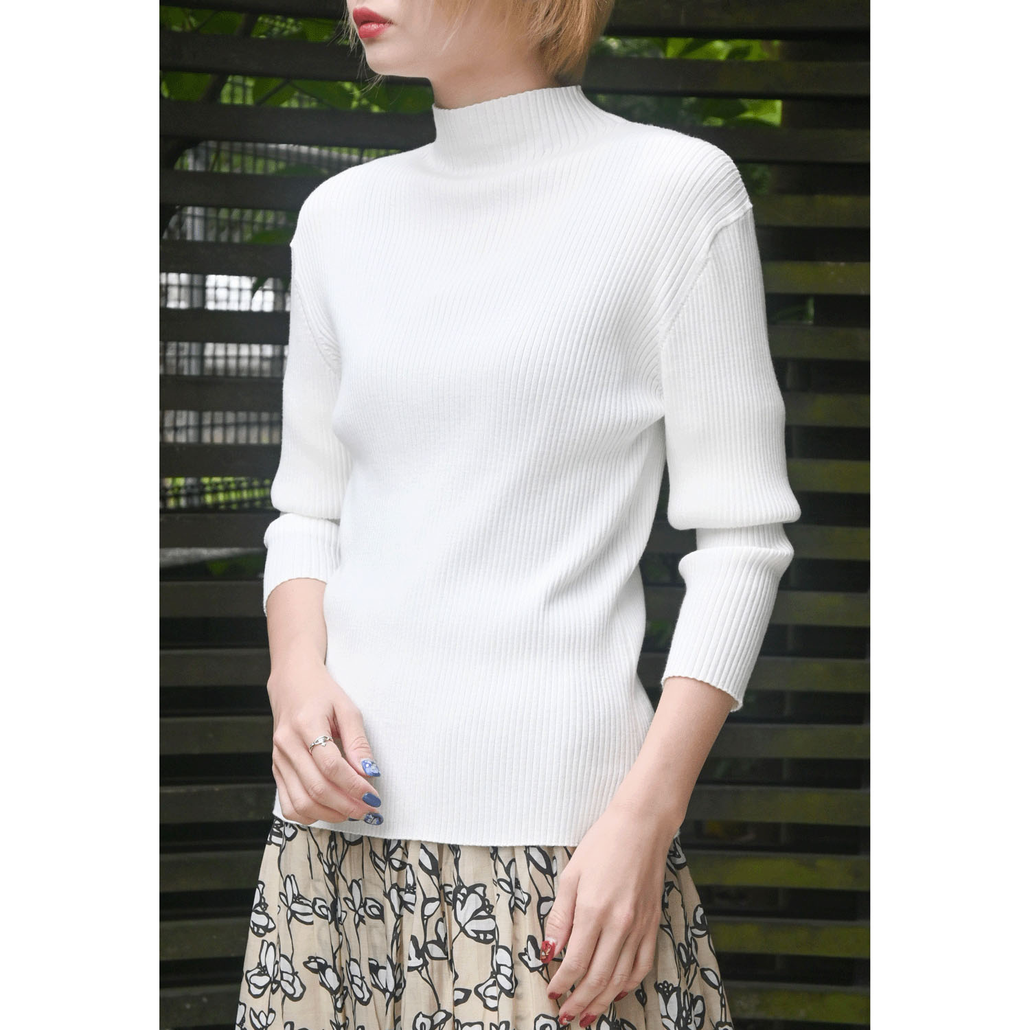 trois テレコ無地＆ボーダー7分袖ハイネックテレコニット - 画像9