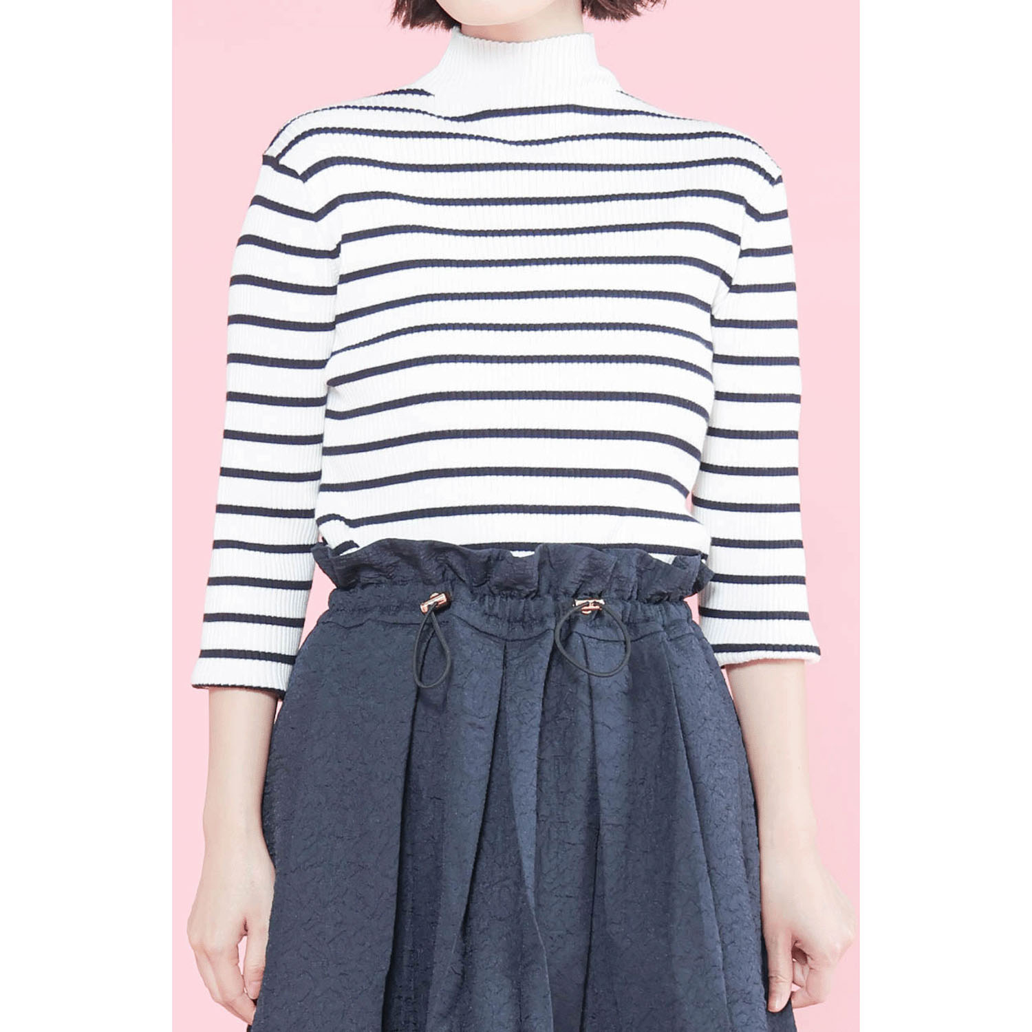 trois テレコ無地＆ボーダー7分袖ハイネックテレコニット - 画像1