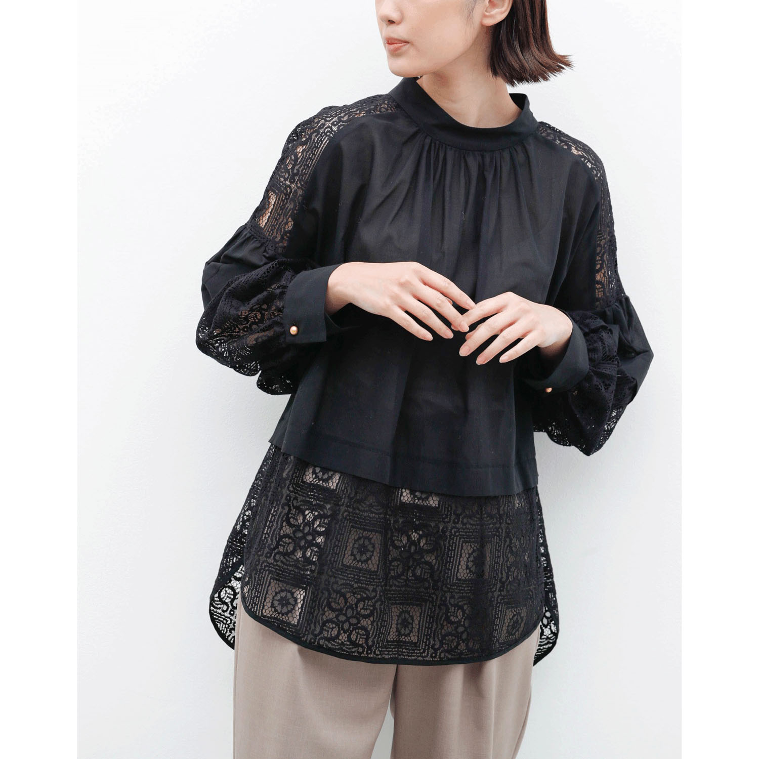 trois タイル調レースバルーン袖ブラウス - 画像4