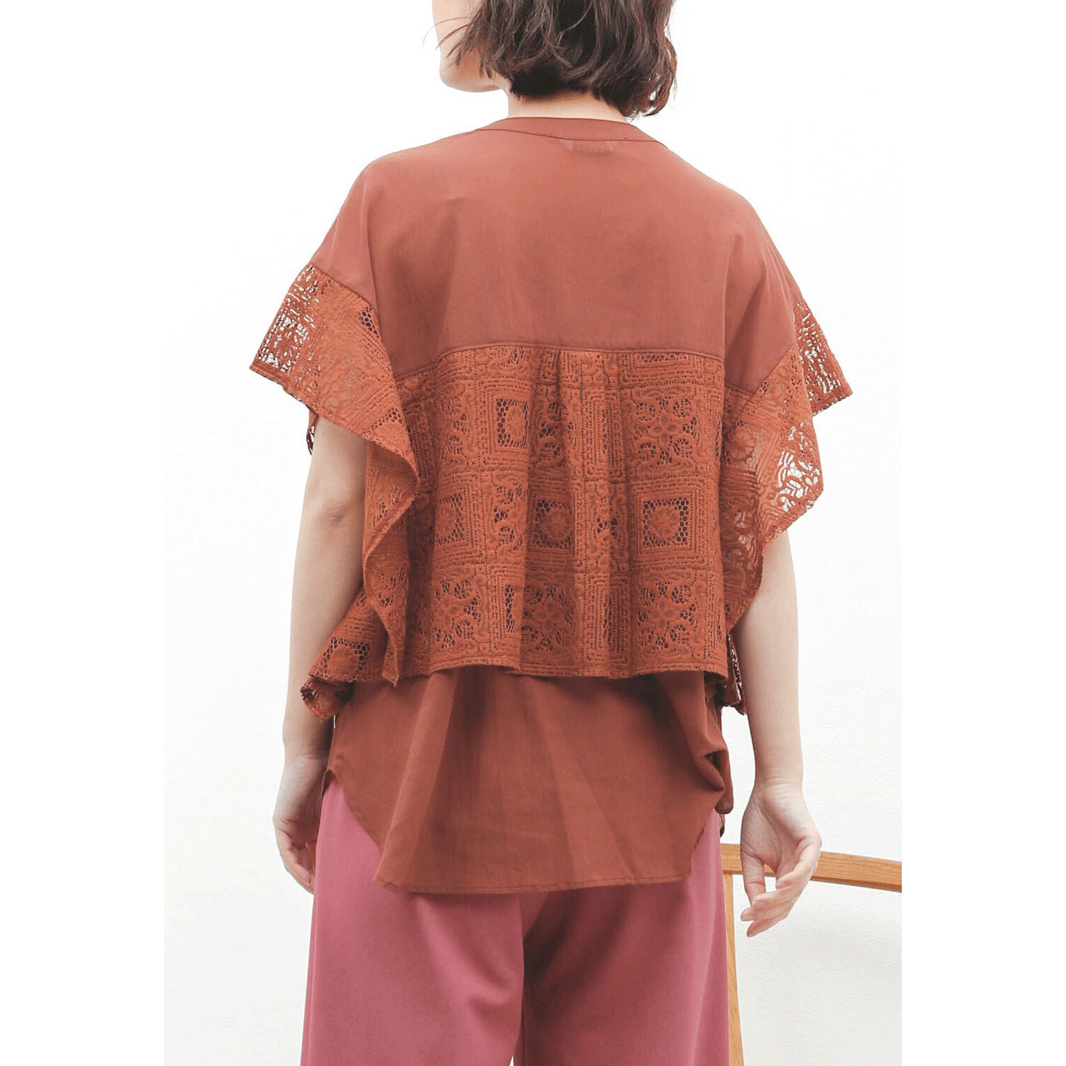 trois タイル調レース半袖ブラウス - 画像2