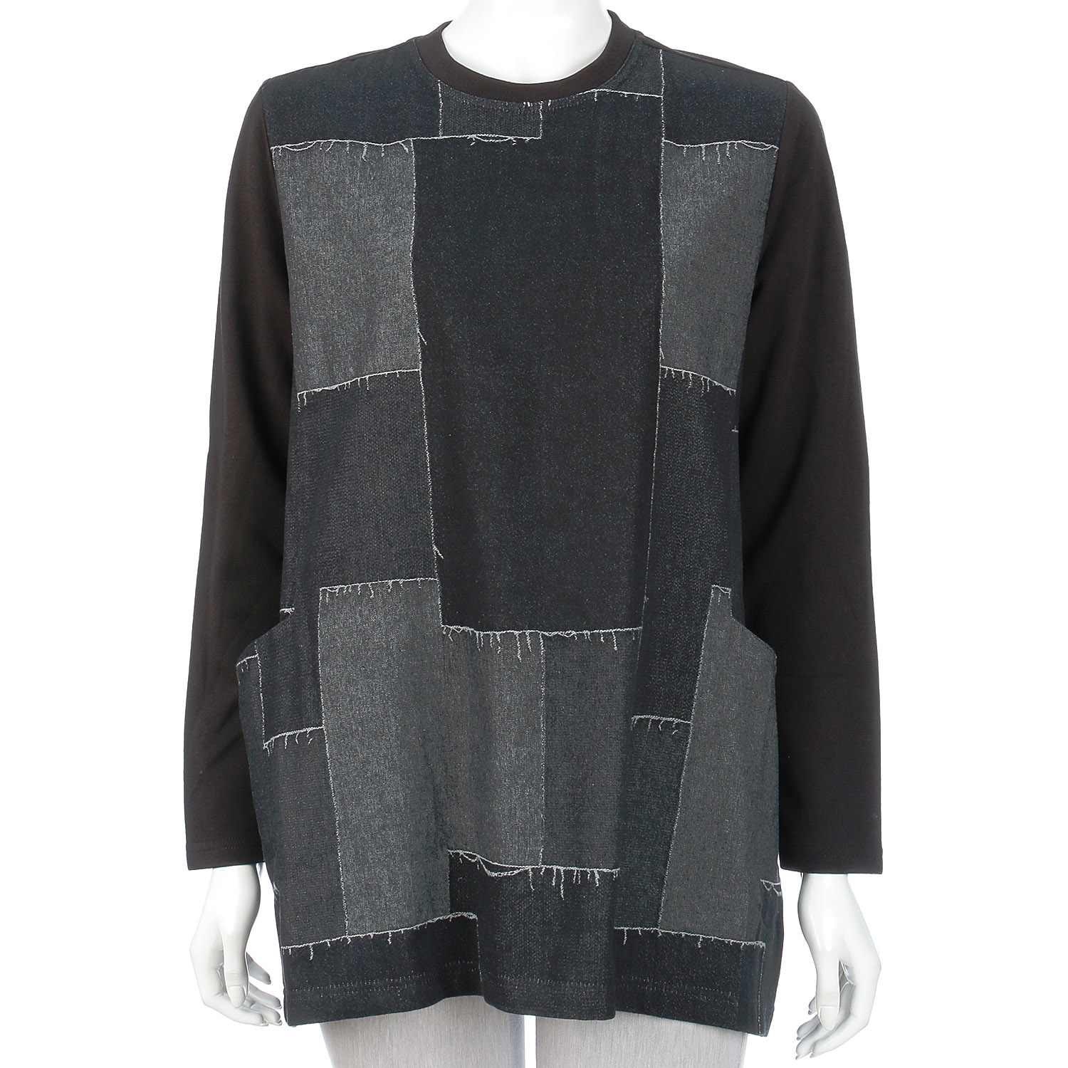 パッチワーク柄デニム×無地切替プルオーバー - 画像1