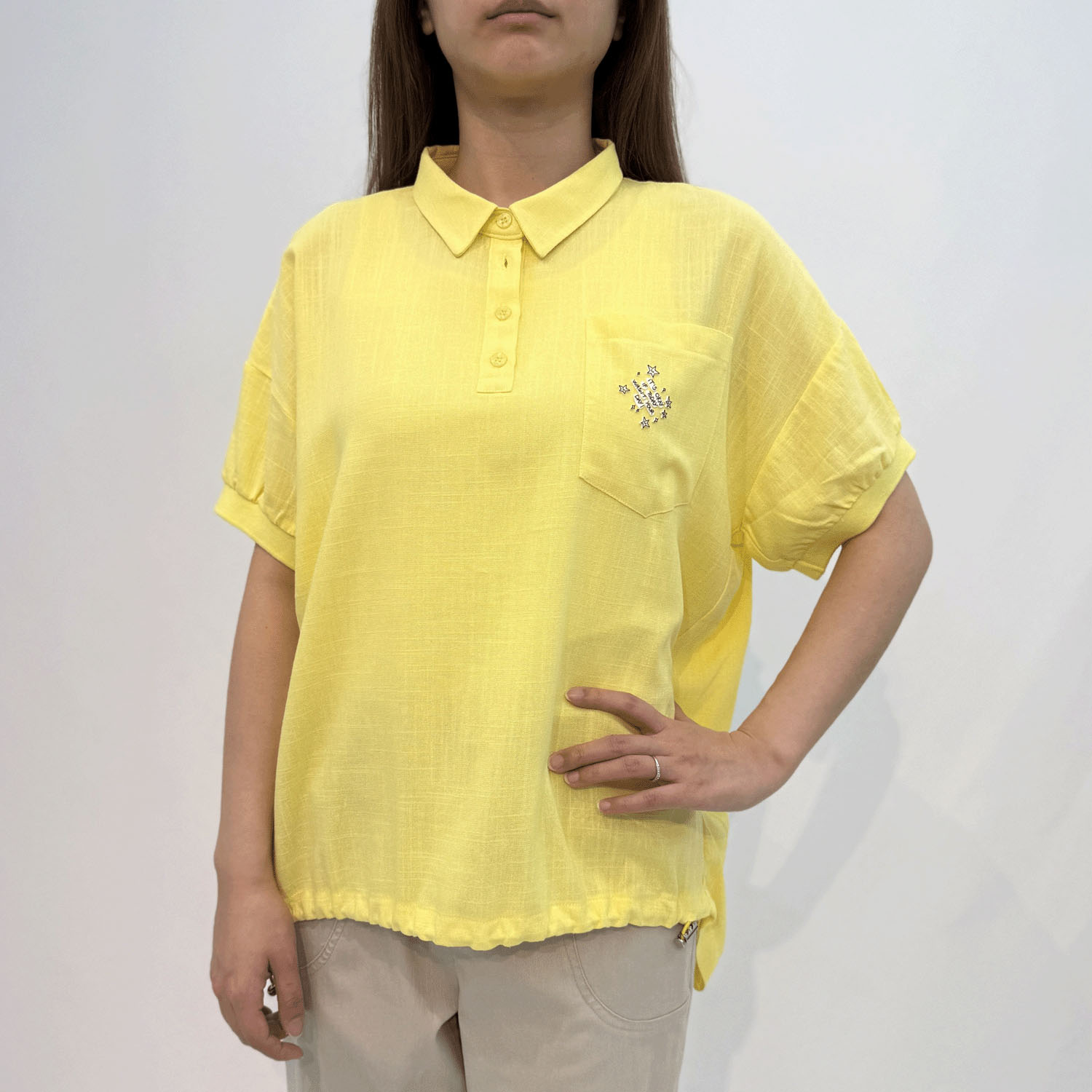 麻混襟付きデザインブラウス