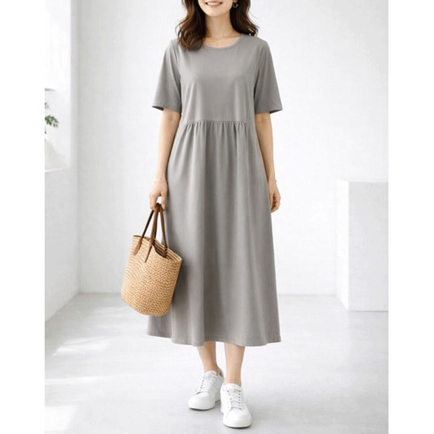 ダブルシルケットコットン100 ウエスト切替ワンピース - 画像1