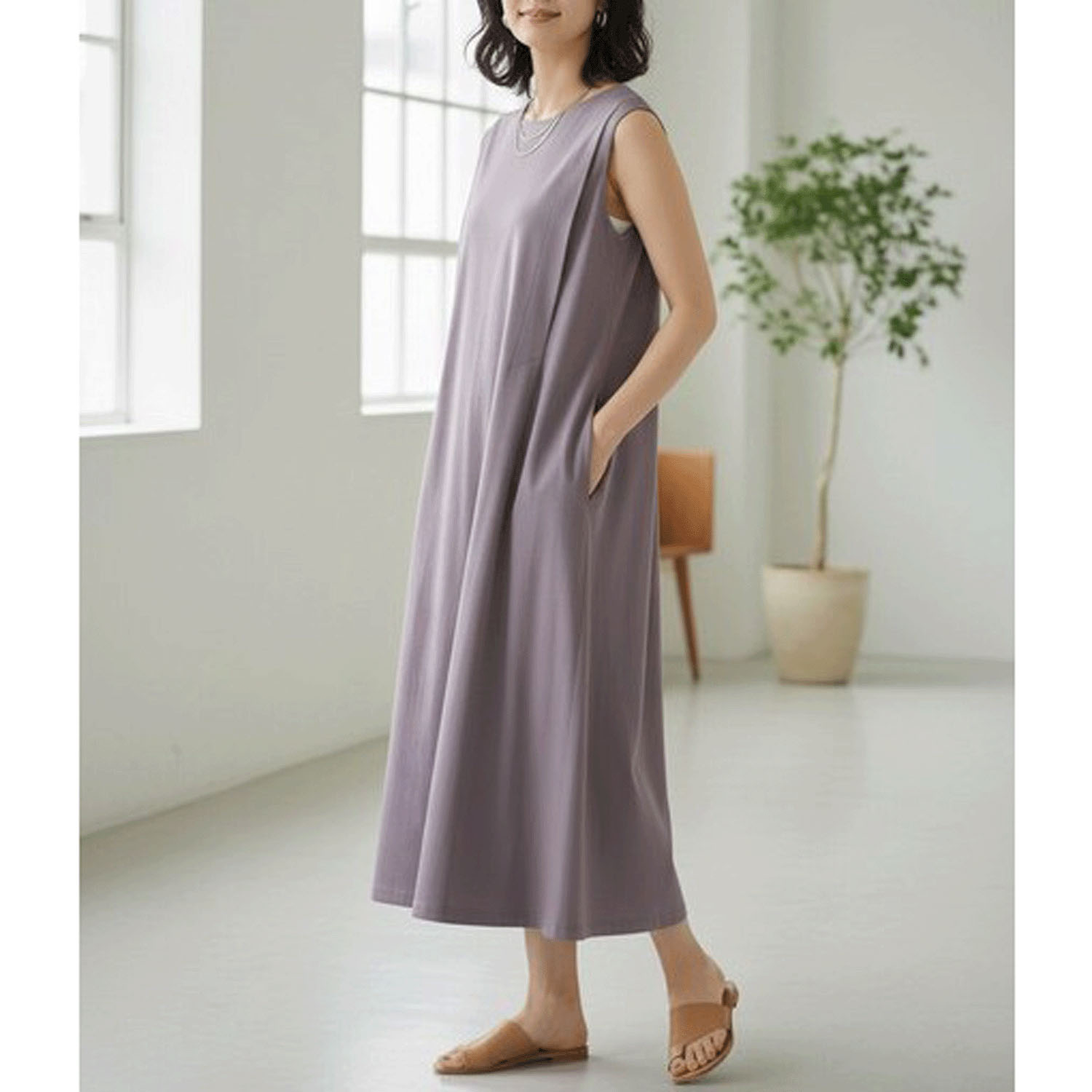 ダブルシルケットコットン100 タックノースリーブワンピース - 画像18