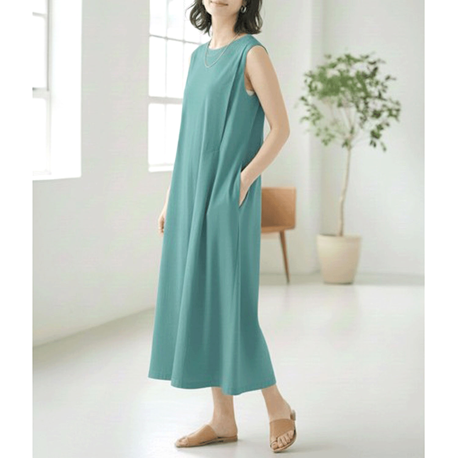 ダブルシルケットコットン100 タックノースリーブワンピース - 画像10