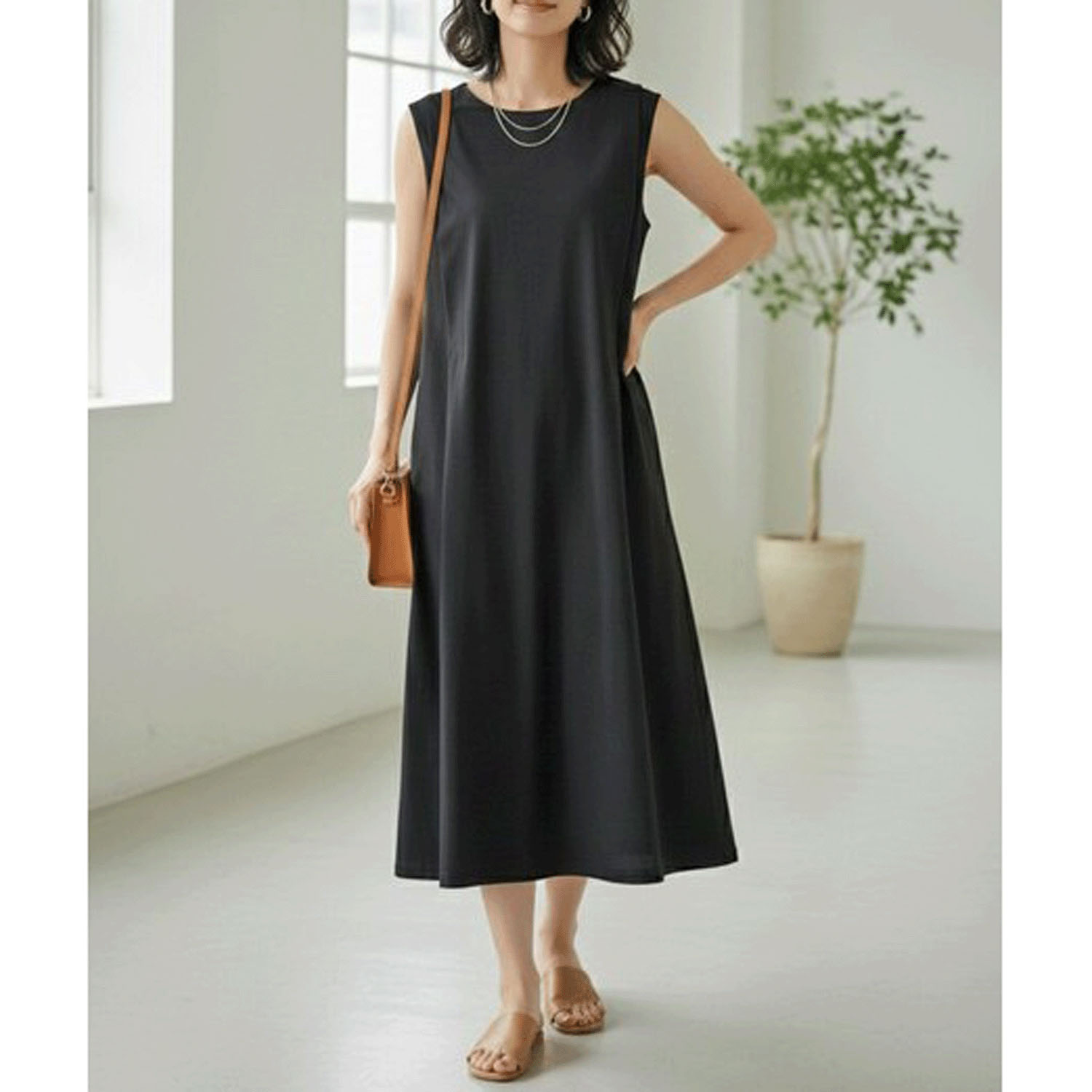 ダブルシルケットコットン100 タックノースリーブワンピース - 画像1