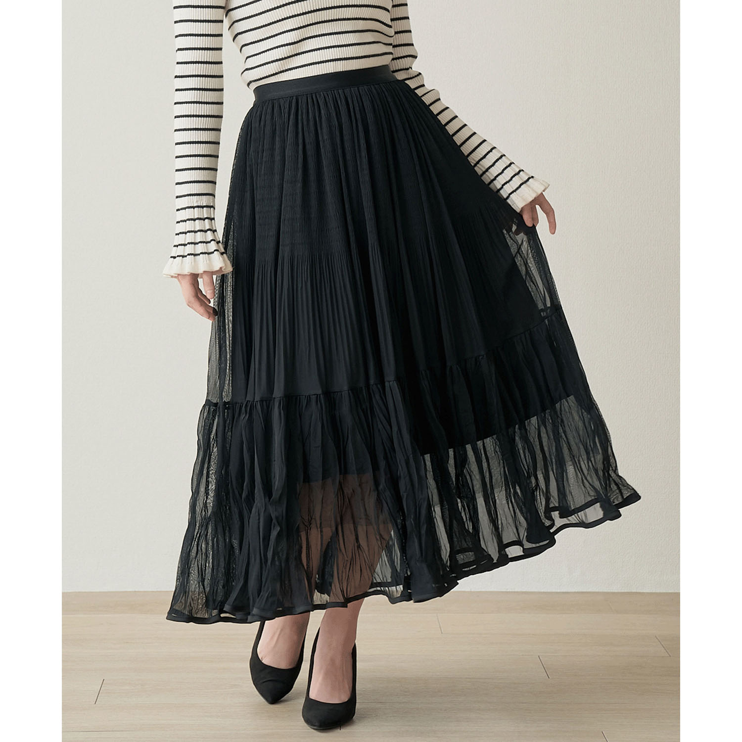 Nohea 裾パイピングシャーリングティアードスカート - 画像5