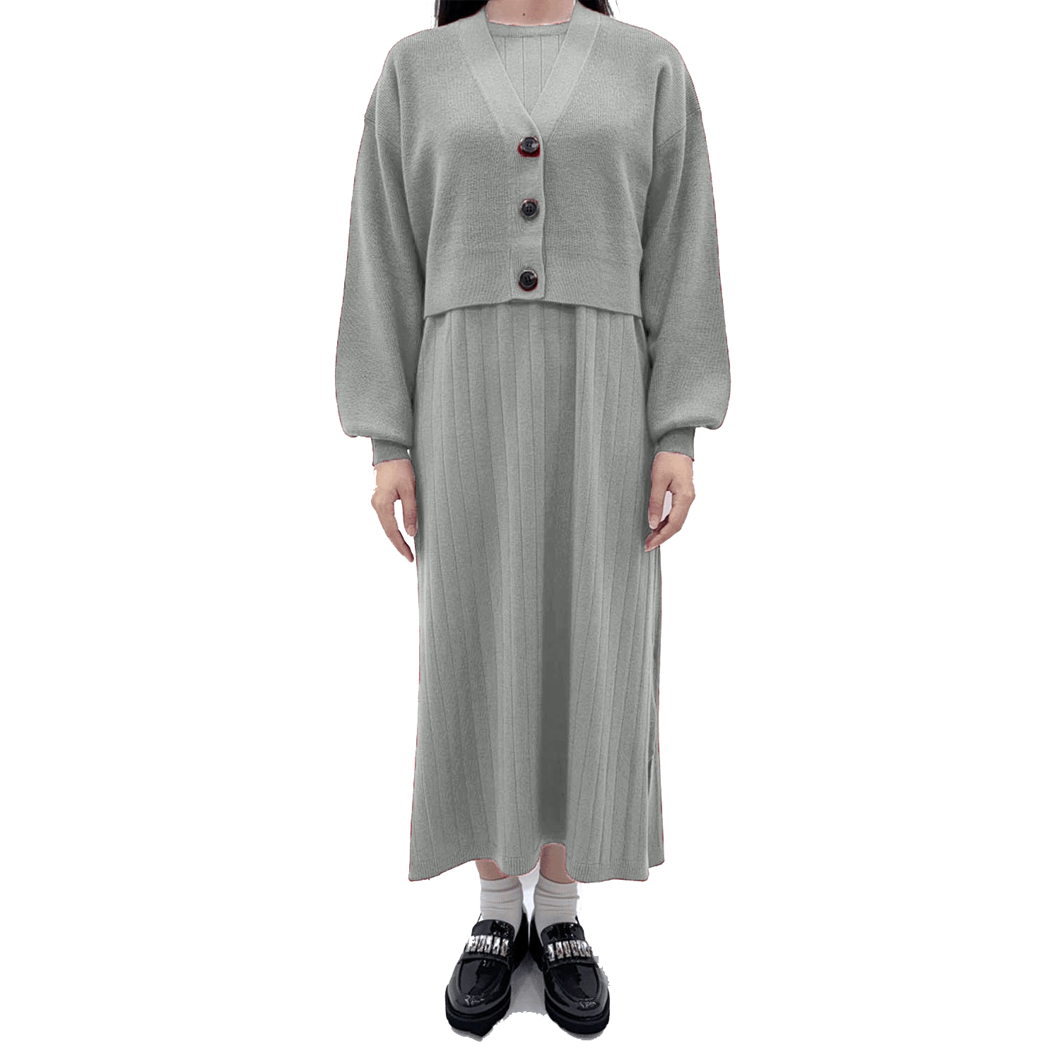 ワイドリブノースリーブワンピース畦カーディガンSET