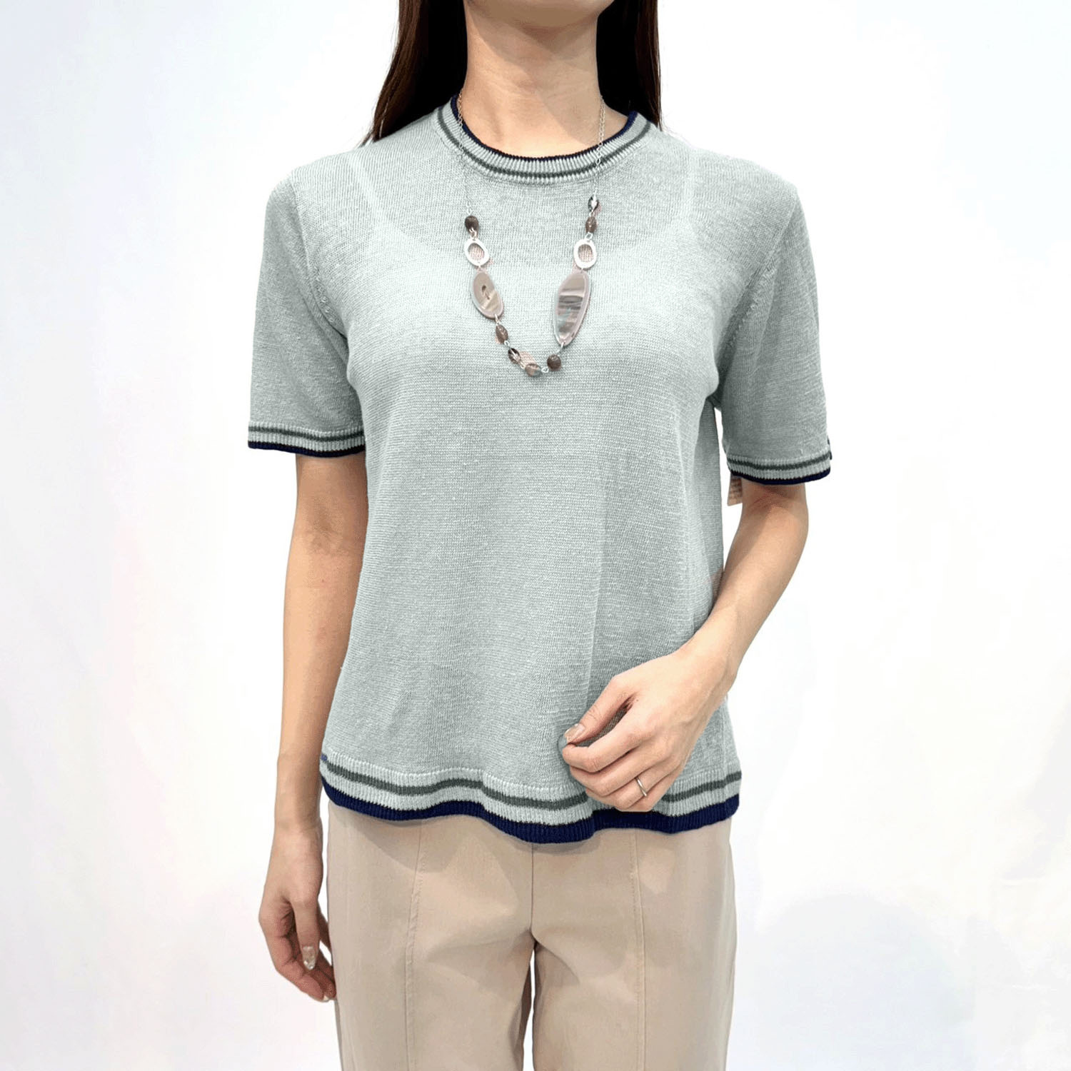 麻100％3配色丸首プルオーバー - 画像1