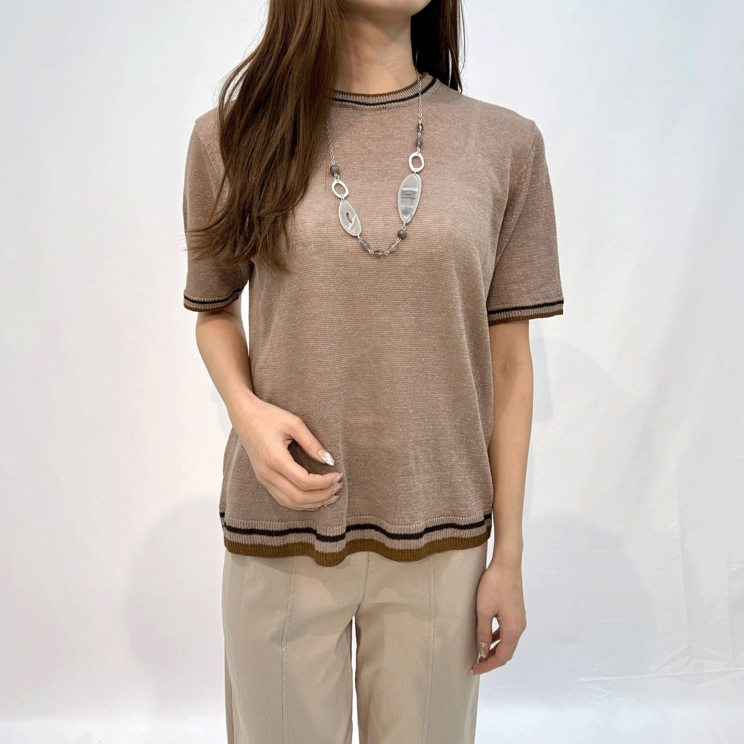 麻100％3配色丸首プルオーバー - 画像1