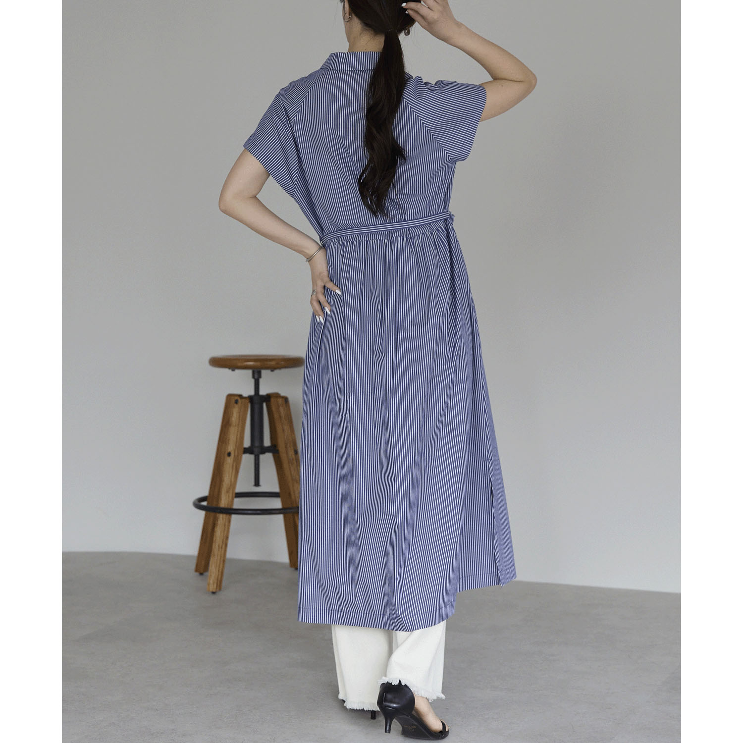 【お取り寄せ】PREFERIR（プレフェリール） ストライプラグラン切替 オープンカラーワンピース - 画像12