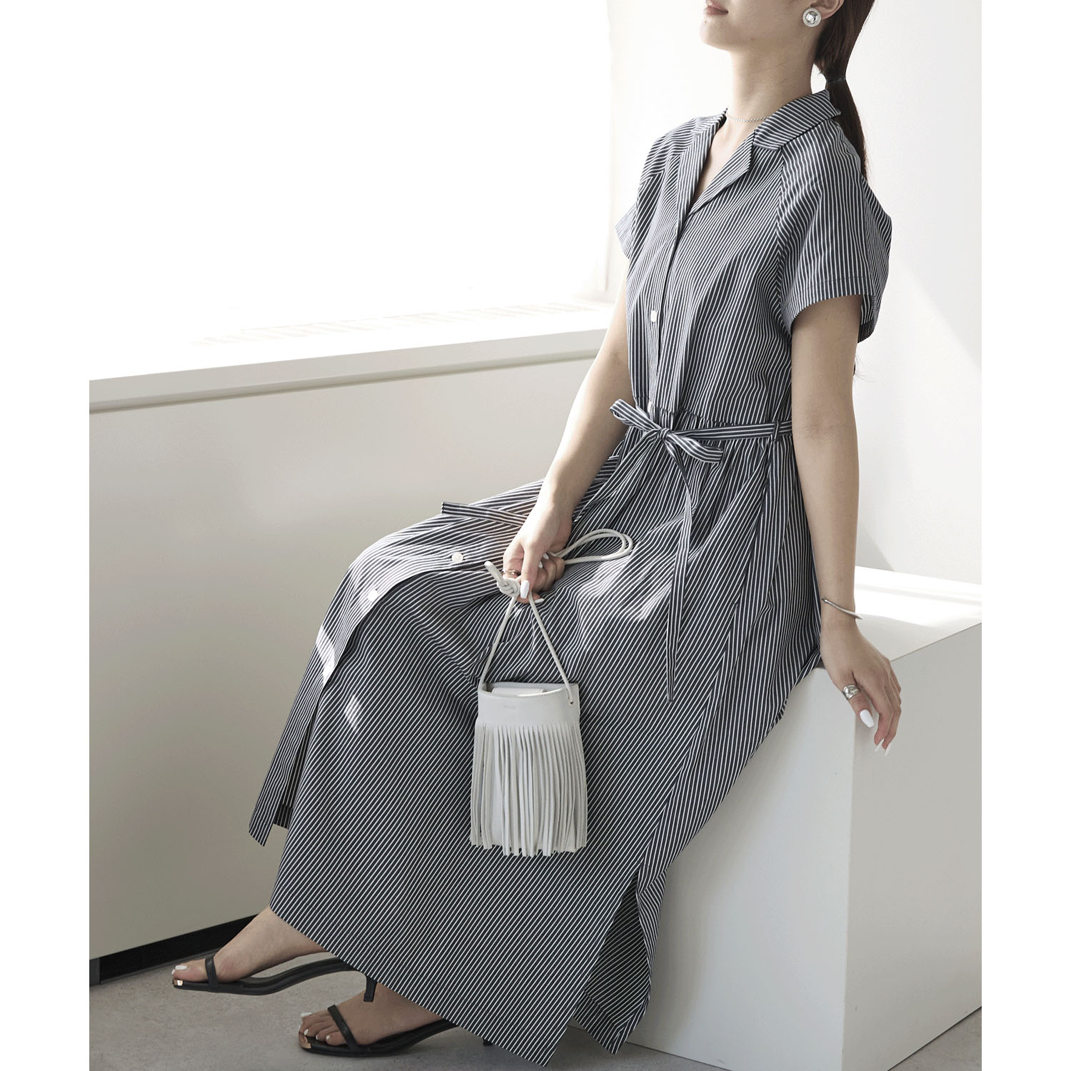 【お取り寄せ】PREFERIR（プレフェリール） ストライプラグラン切替 オープンカラーワンピース - 画像4