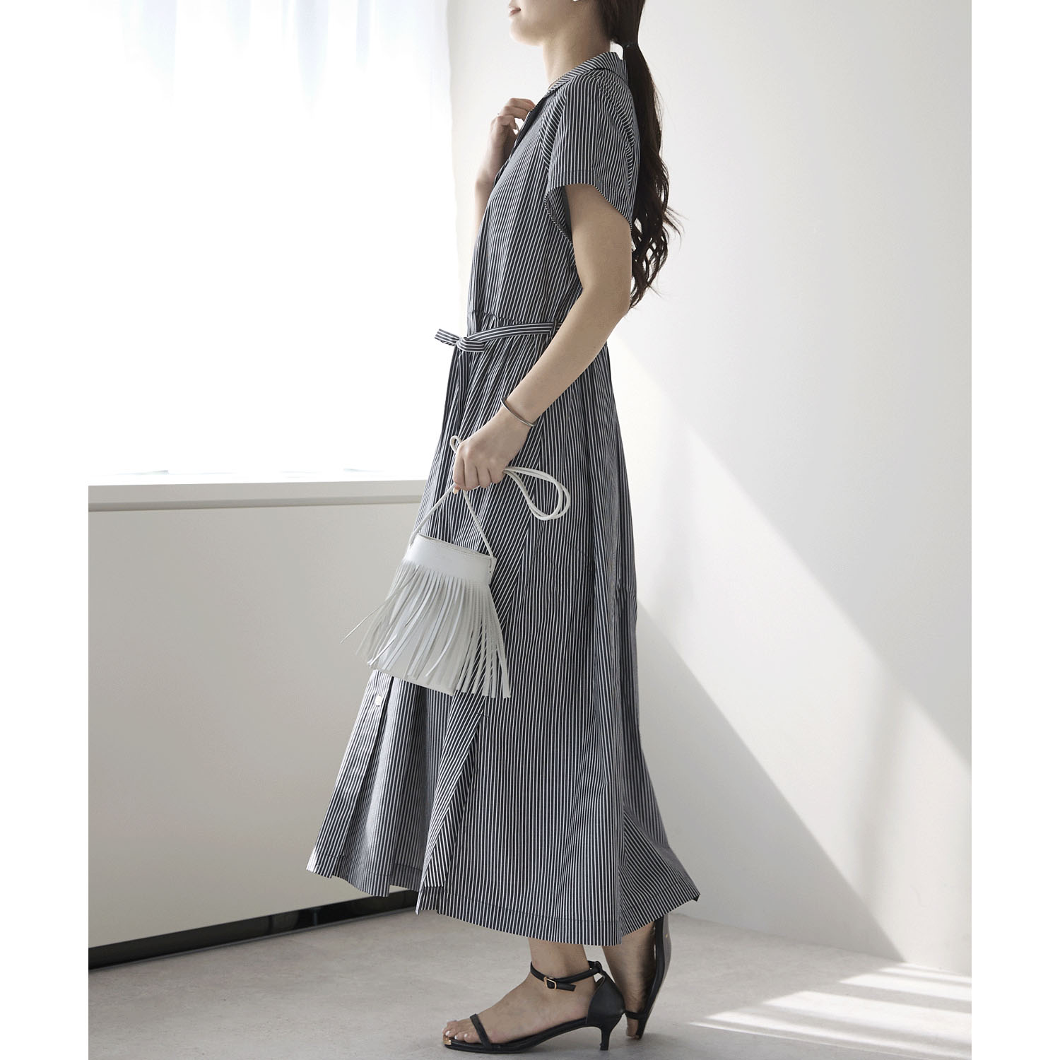 【お取り寄せ】PREFERIR（プレフェリール） ストライプラグラン切替 オープンカラーワンピース - 画像5