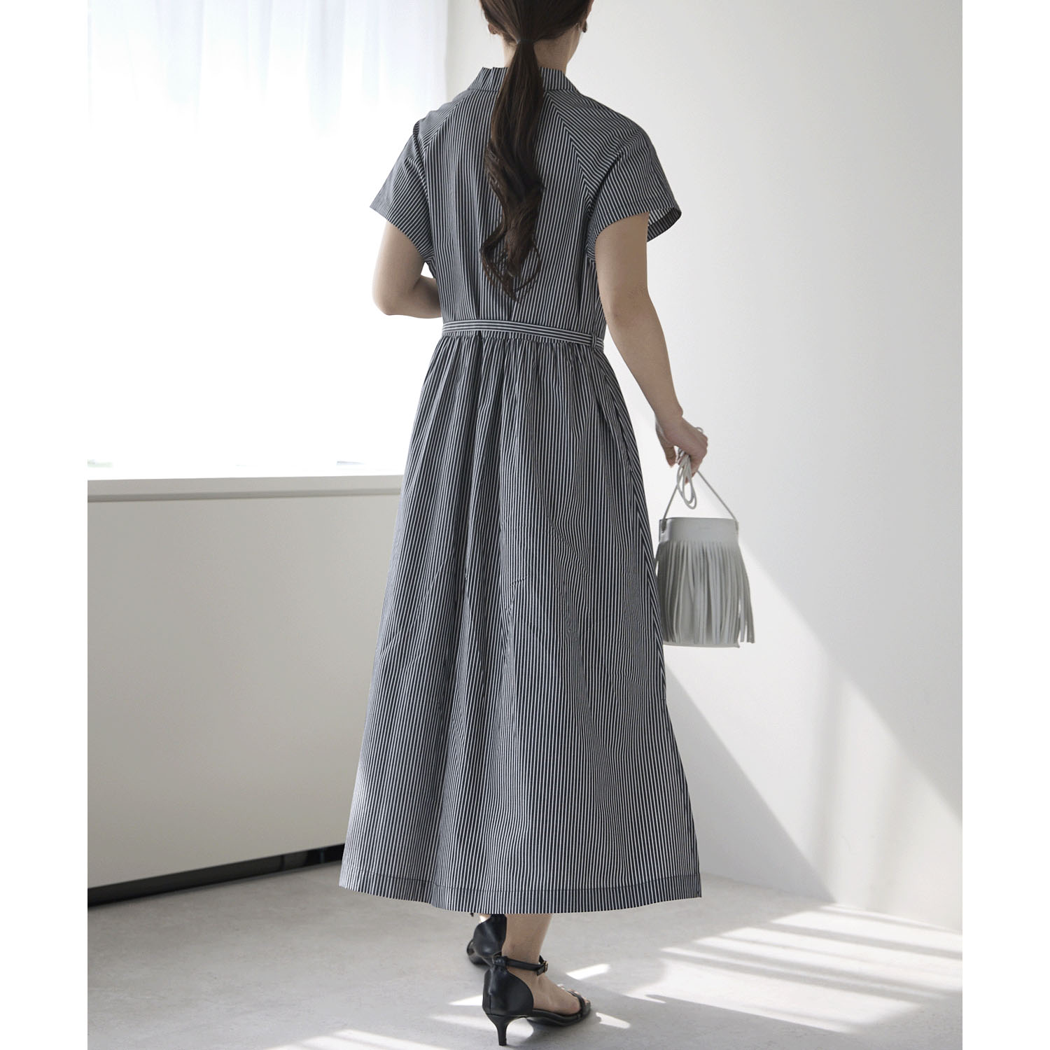 【お取り寄せ】PREFERIR（プレフェリール） ストライプラグラン切替 オープンカラーワンピース - 画像6