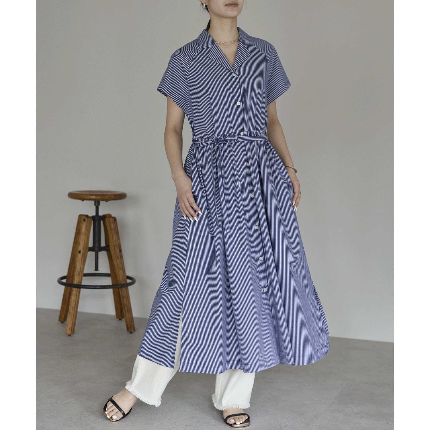 【お取り寄せ】PREFERIR（プレフェリール） ストライプラグラン切替 オープンカラーワンピース