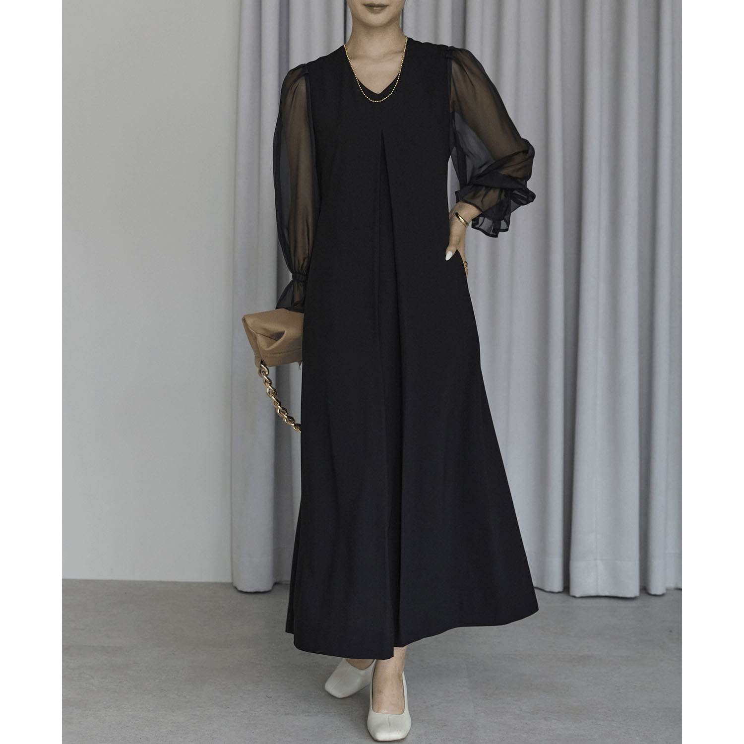 【お取り寄せ】PREFERIRボリュームシアースリーブAラインVネックドレス - 画像5