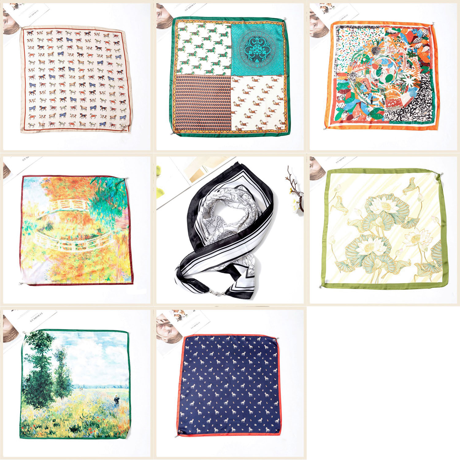 【ホワイト終了】マグネット付きスカーフ マルチプリント シルバー金具 - 画像1