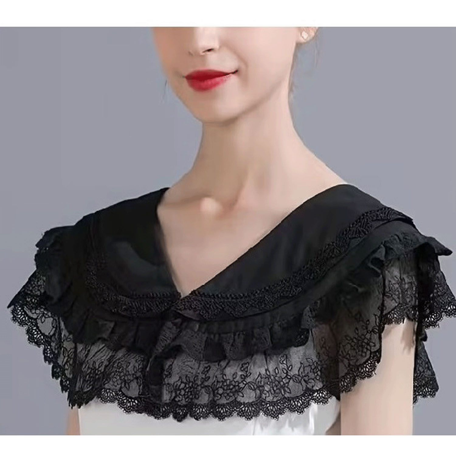 レース付け襟 ホワイト／ブラックレース - 画像2