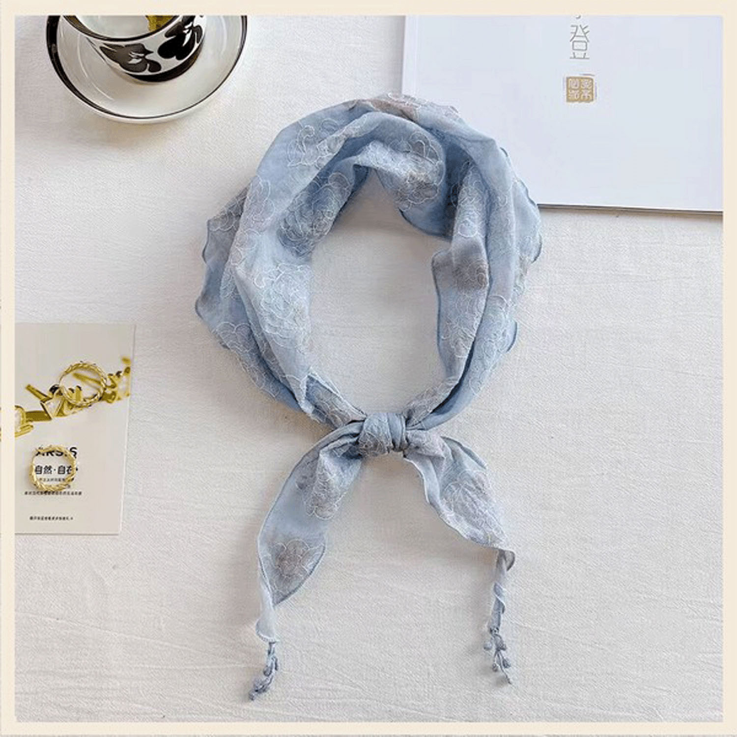 綿混ローズ刺繍プチスカーフ - 画像3