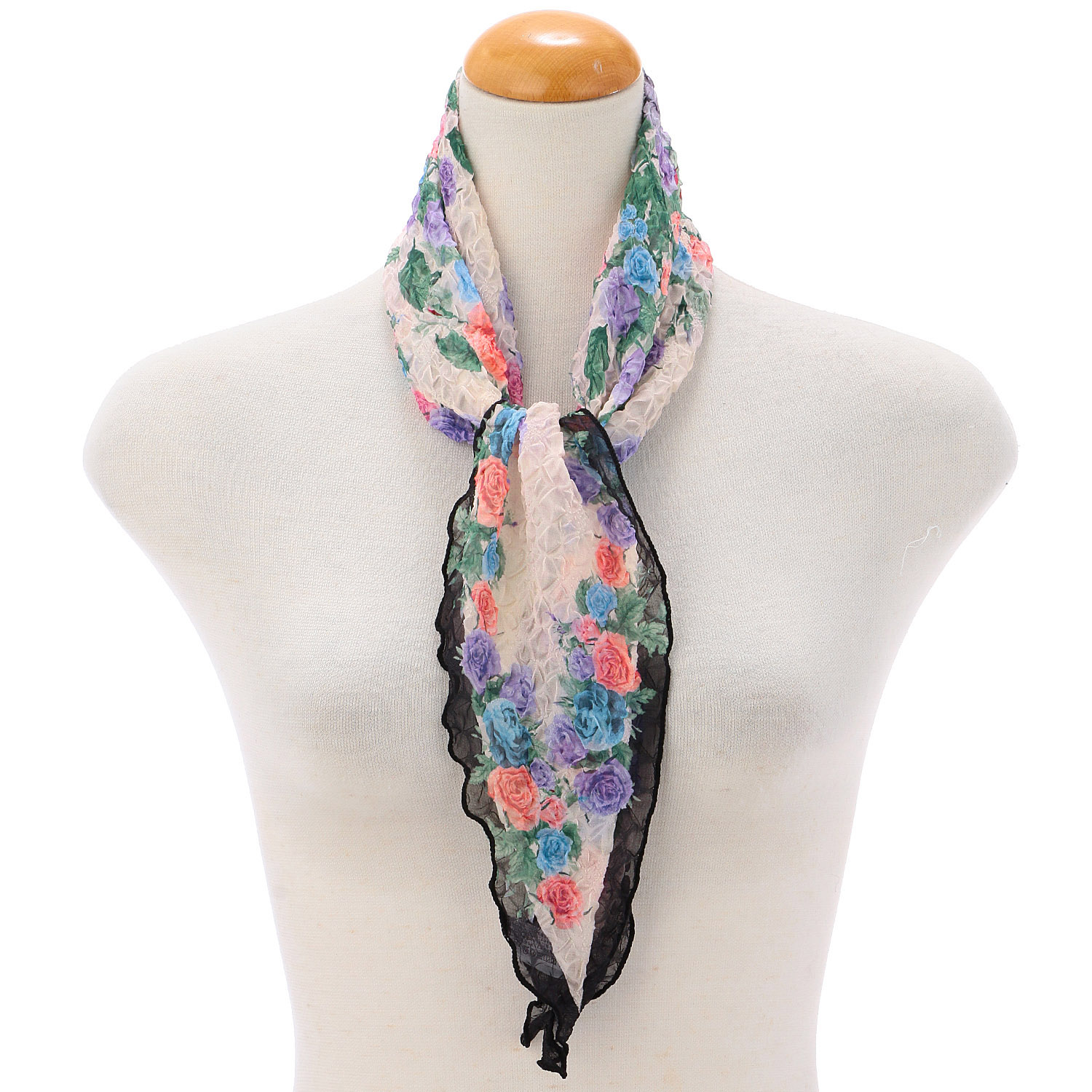 【グレー、イエロー終了】バラ柄シワ加工剣先スカーフ - 画像3