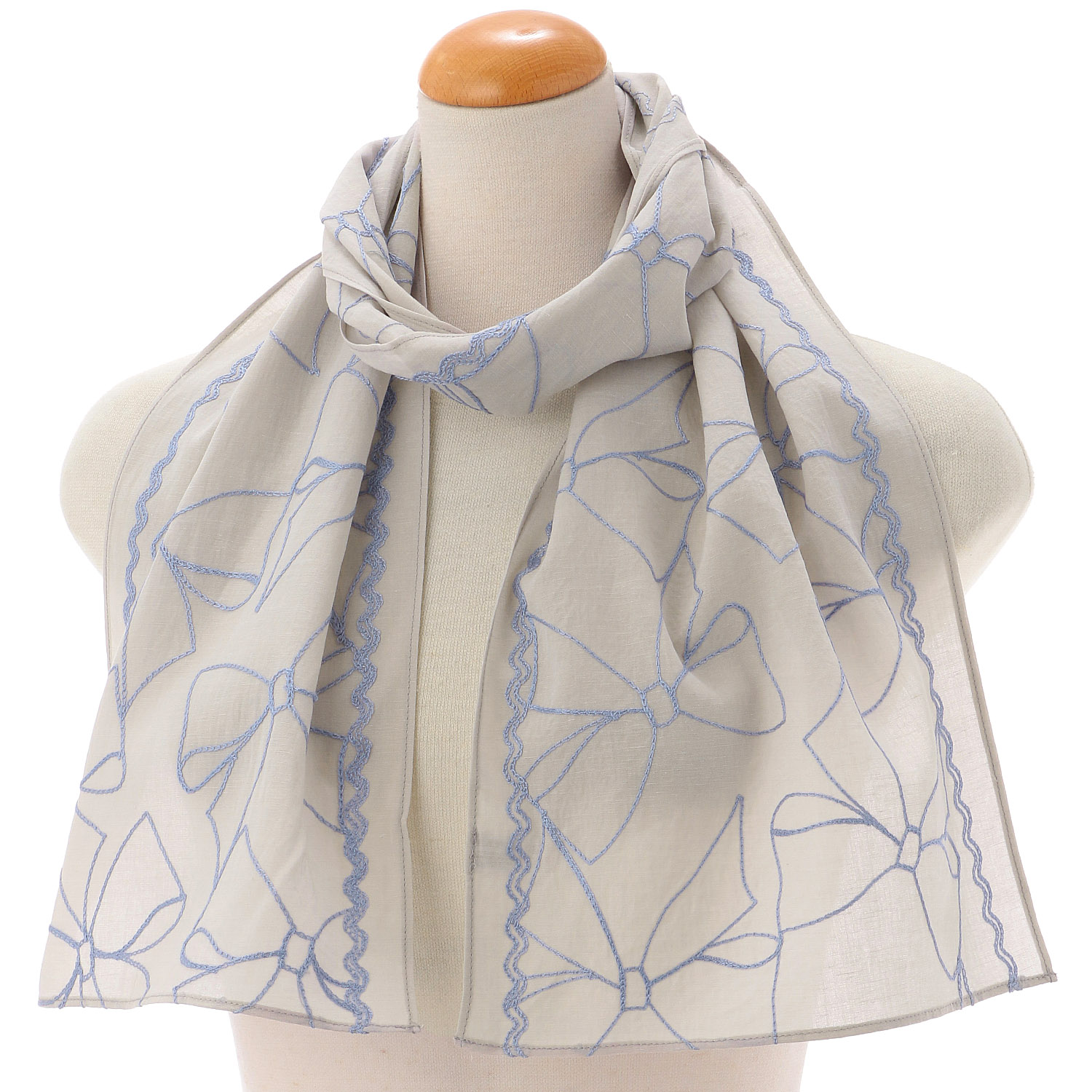 麻混刺繍ストール リボン