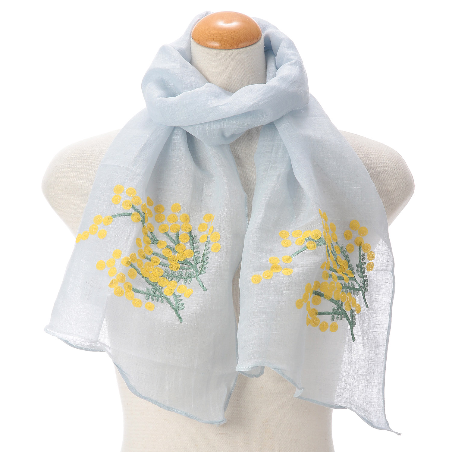 コットンシルクミモザ刺繍剣先ストール