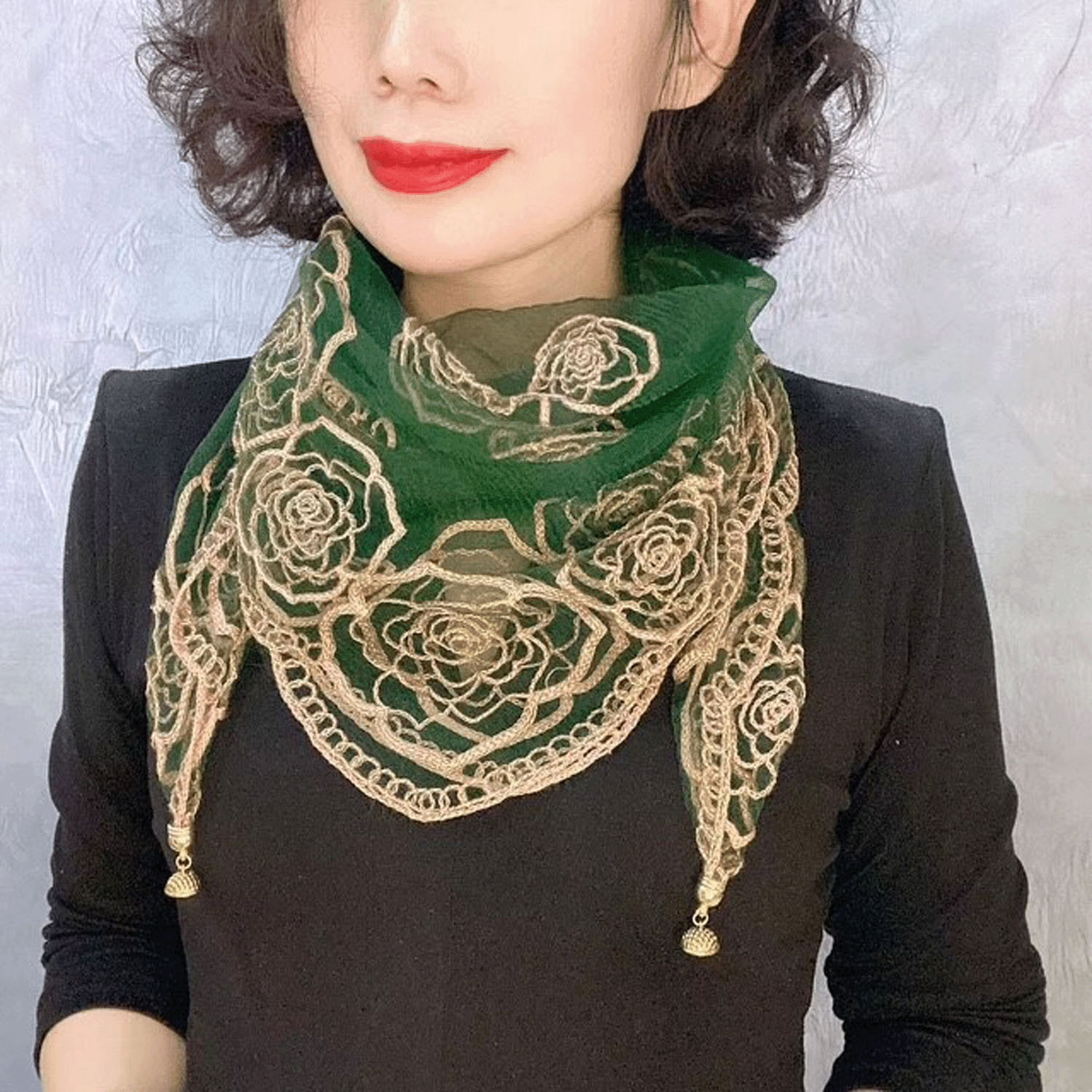 【キャメル、ワイン終了】マグネット付ローズ刺繍スカーフ - 画像9