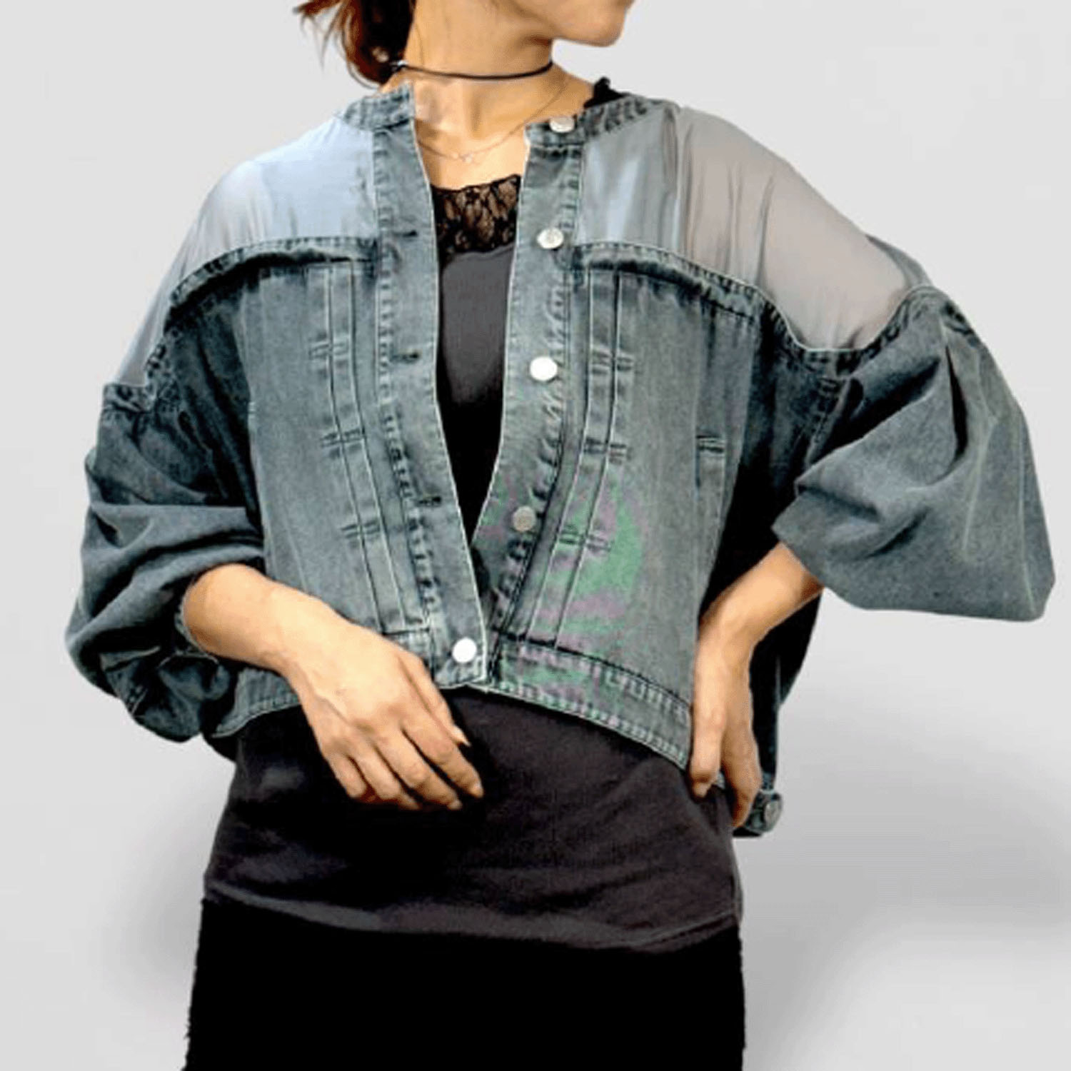 QTUME リメイク風デニムコンビジャケット - 画像1