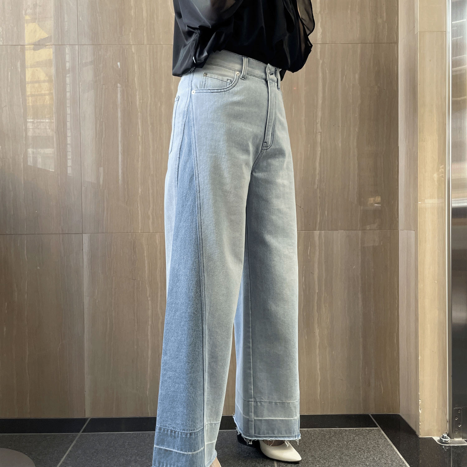 一珠 B7 サイド切替ワイドデニムパンツ - 画像3