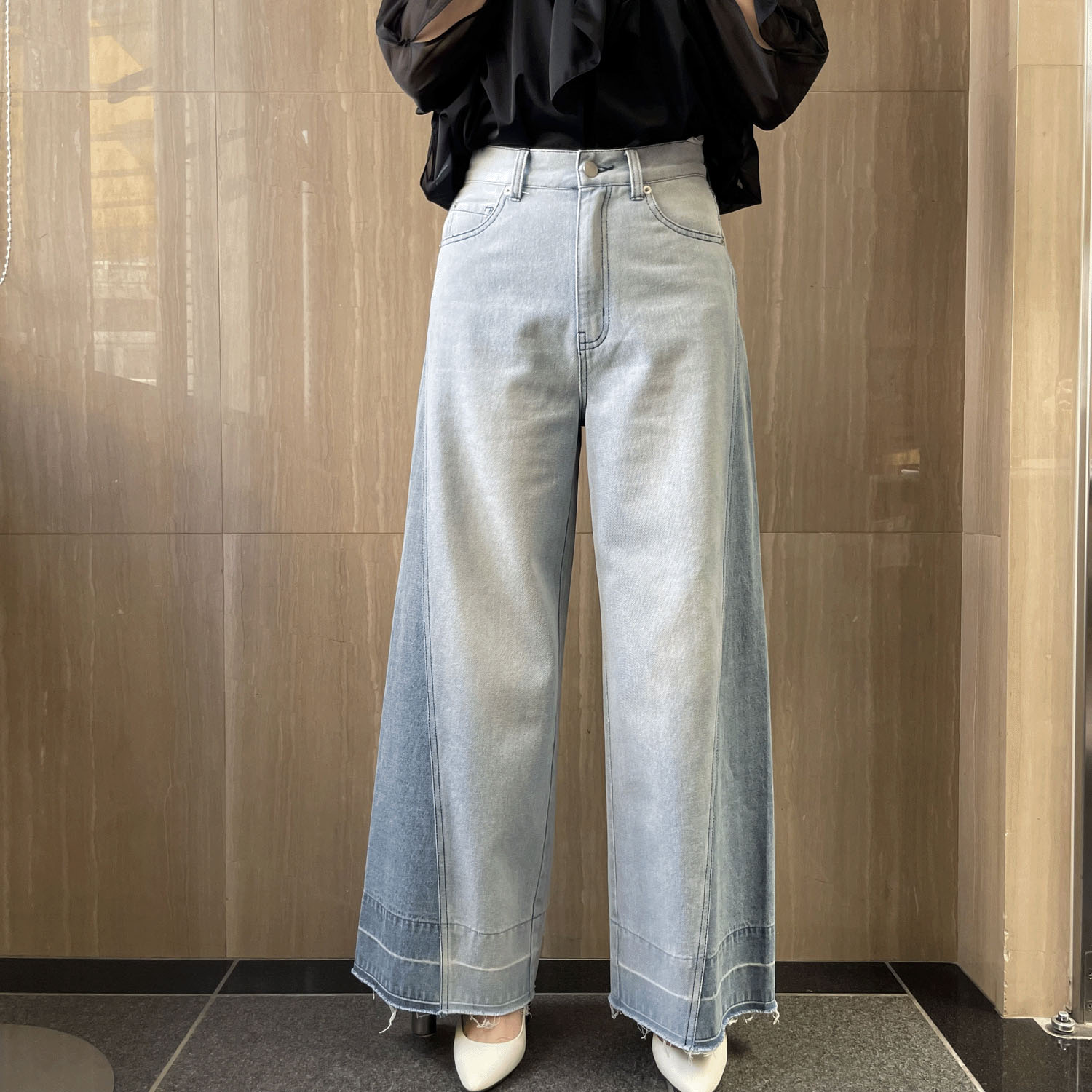 一珠 B7 サイド切替ワイドデニムパンツ - 画像1