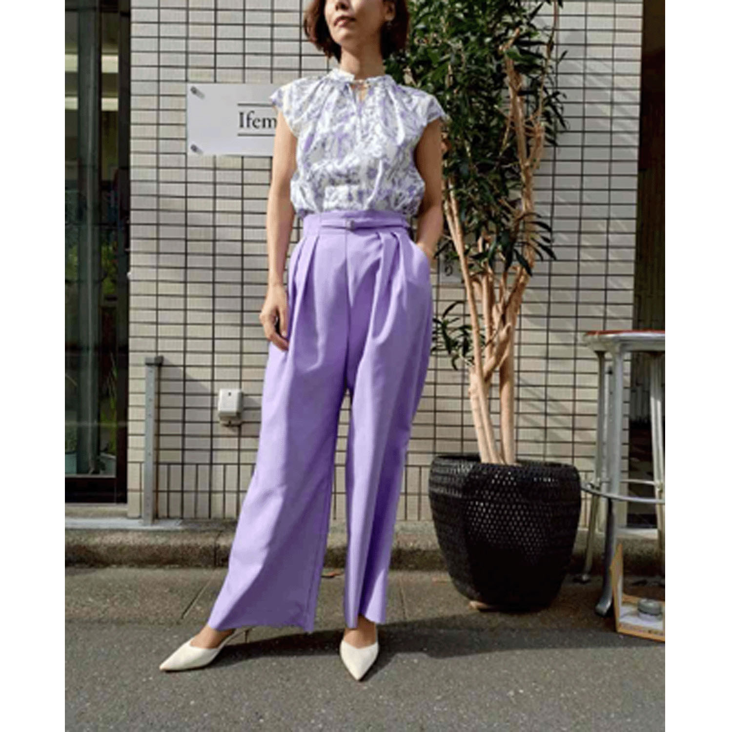 Doubleface Tokyo ボタニカルプリント前リボンフレンチブラウス - 画像1