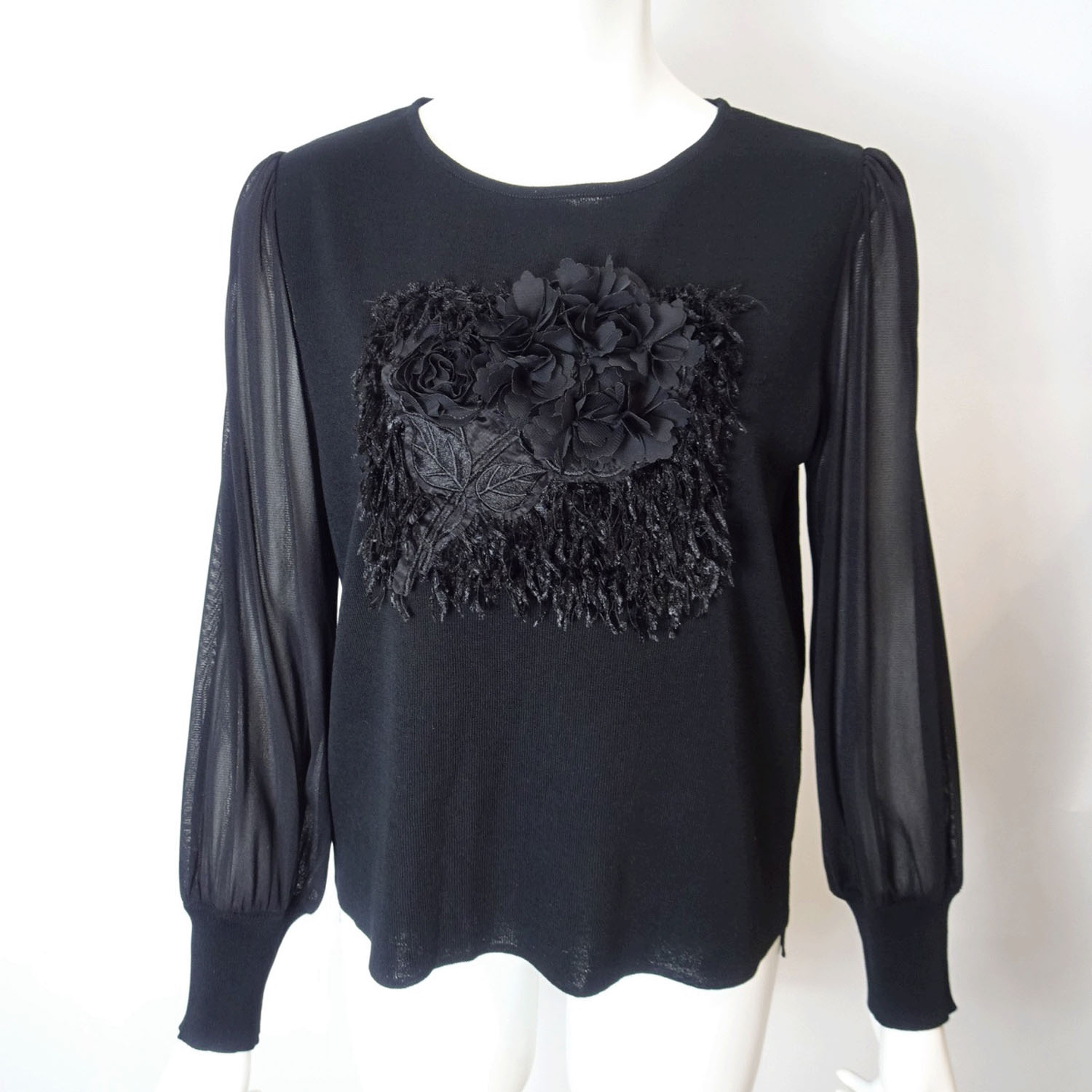 Super Beauty パワーネット素材袖胸元フラワーモチーフ使いセーター - 画像1