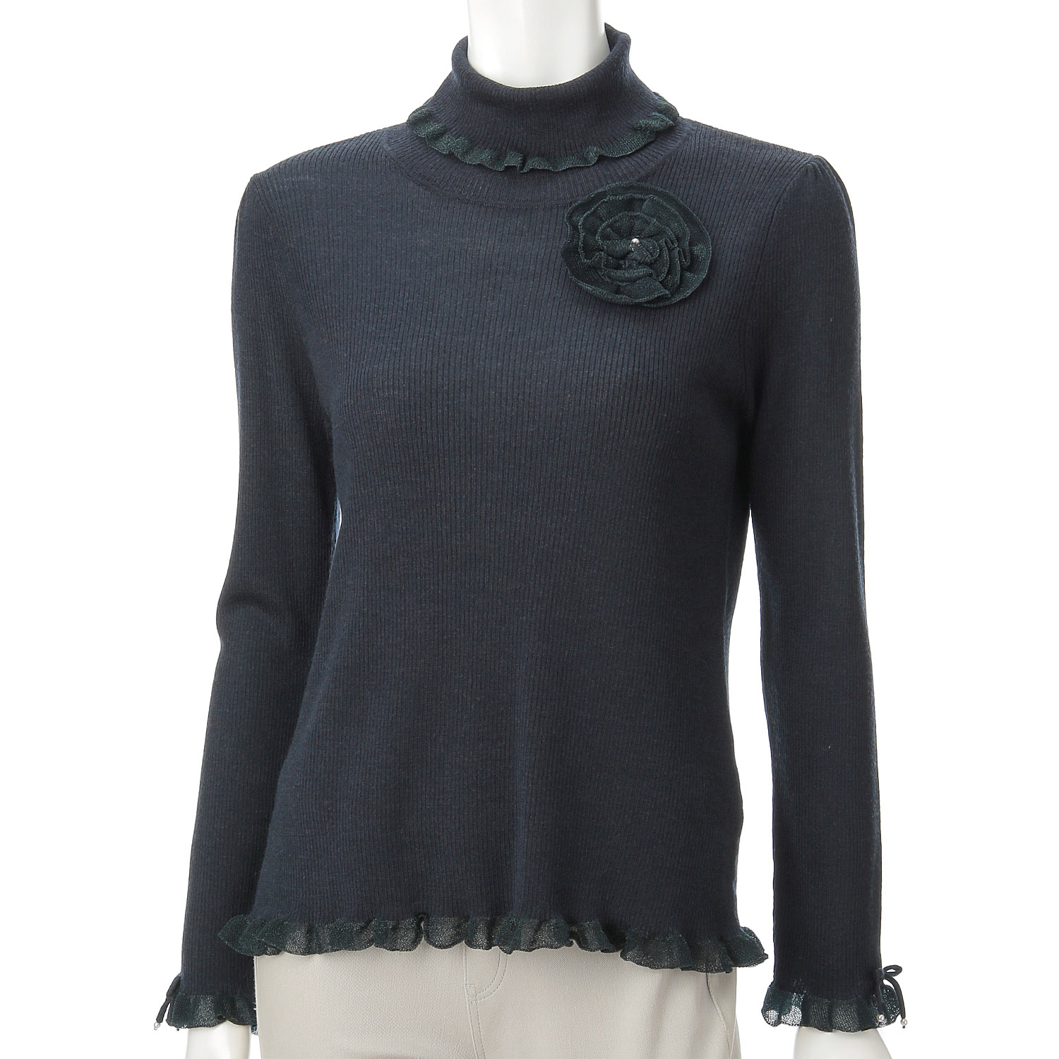 Super Beauty コサージュ付 衿・袖先透かしフリルデザインタートルネックセーター - 画像12