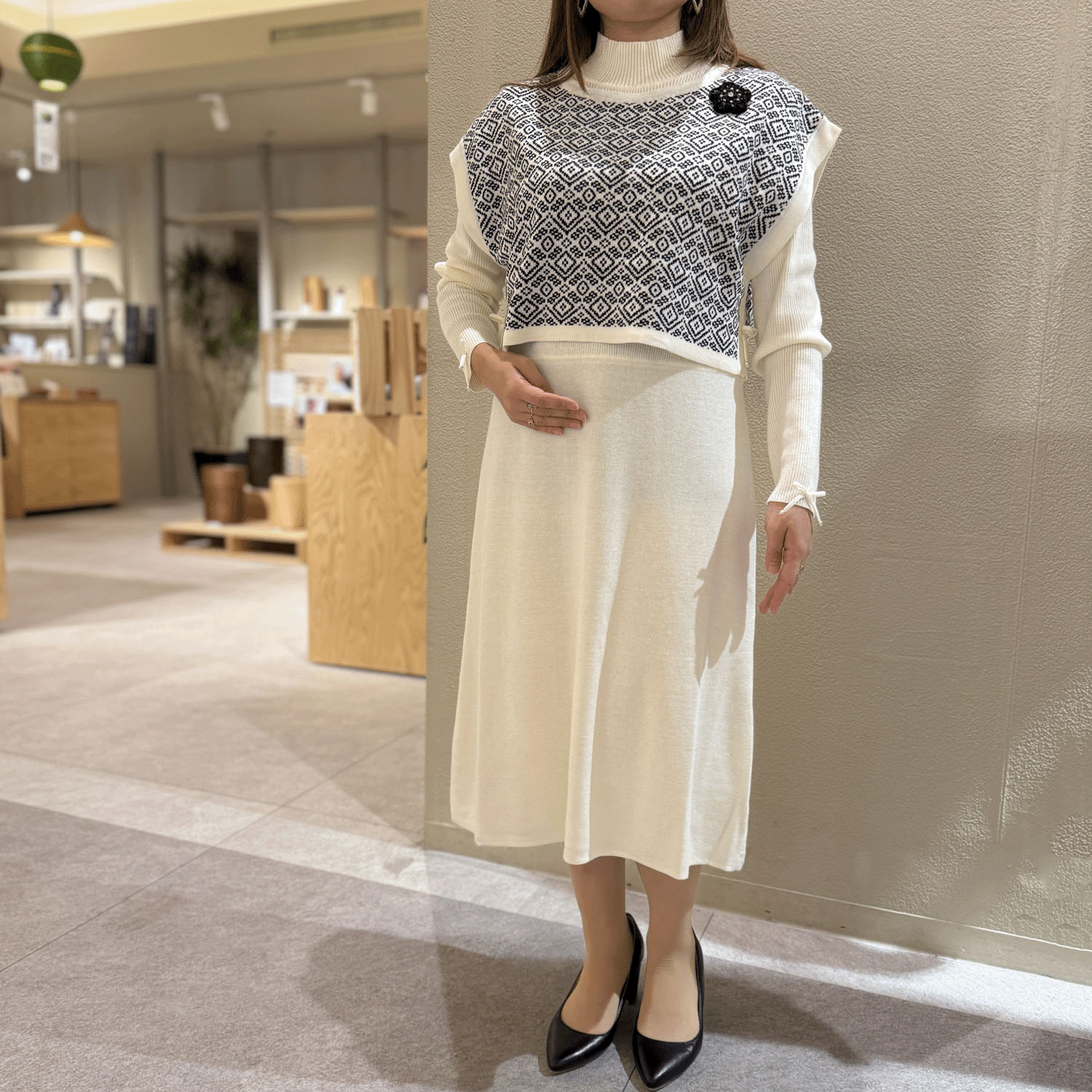 【Inata Live】Super Beauty ジャガード編みニットベスト×ニットOP アンサンブルワンピース - 画像1