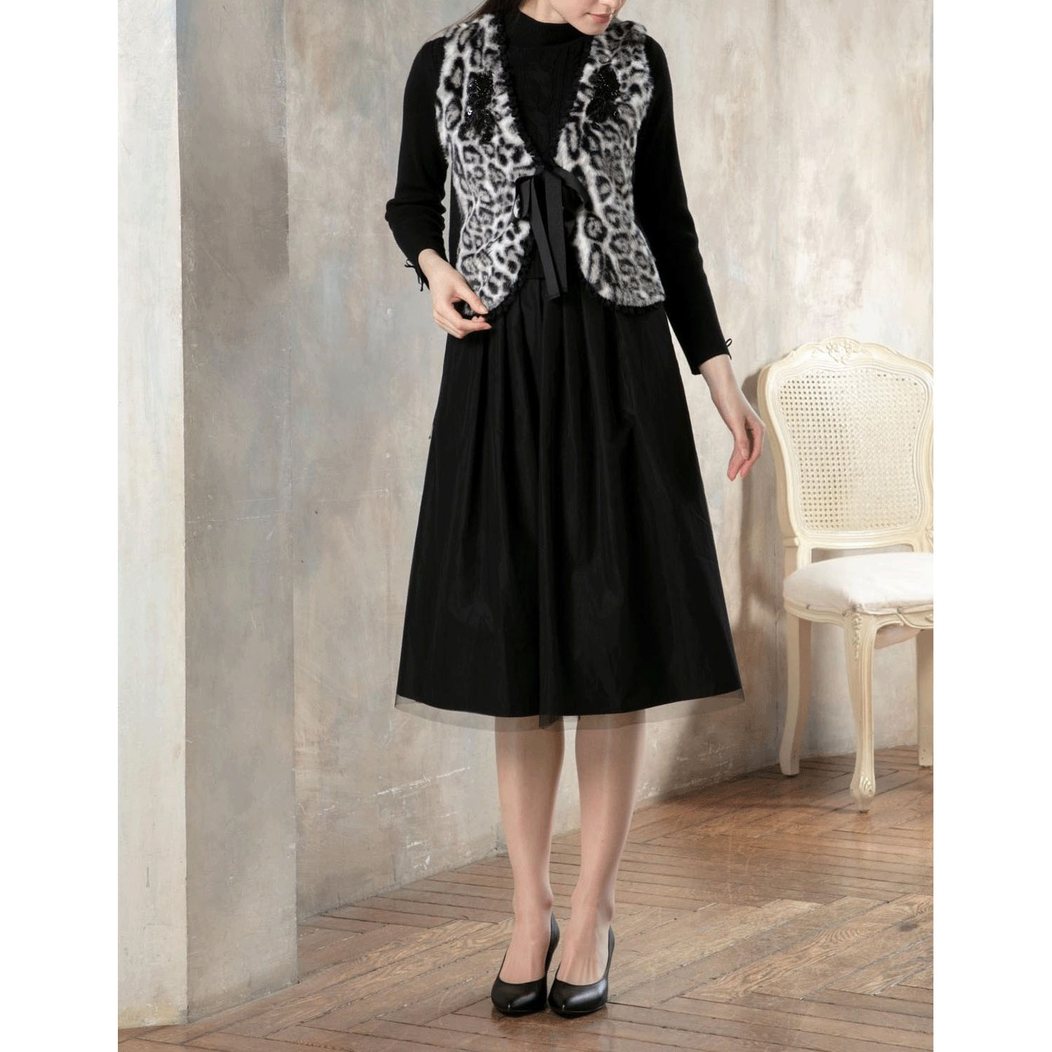 Super Beauty ウエスト異素材切替ケーブル編みハイネックワンピース - 画像2