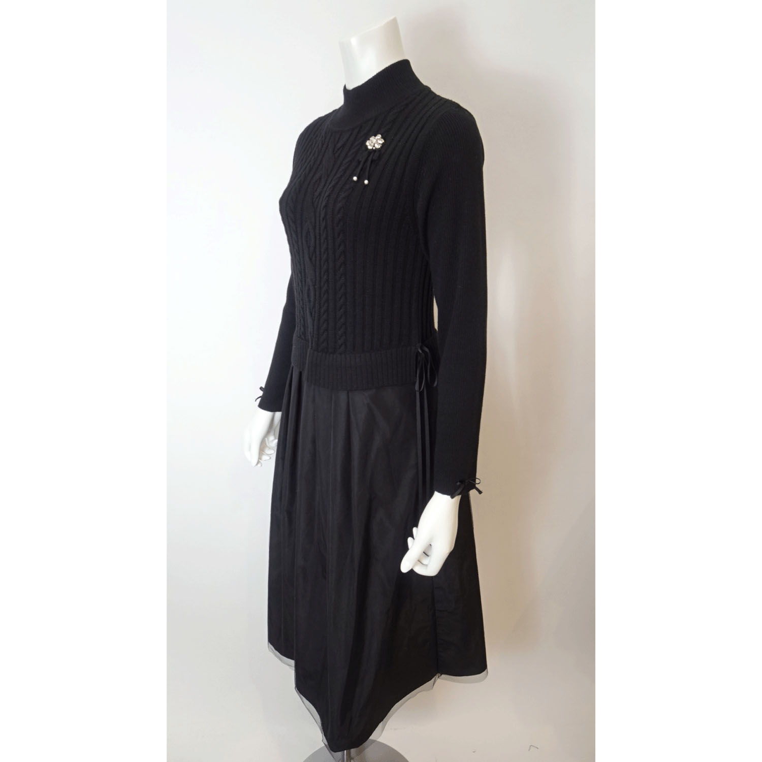 Super Beauty ウエスト異素材切替ケーブル編みハイネックワンピース - 画像4