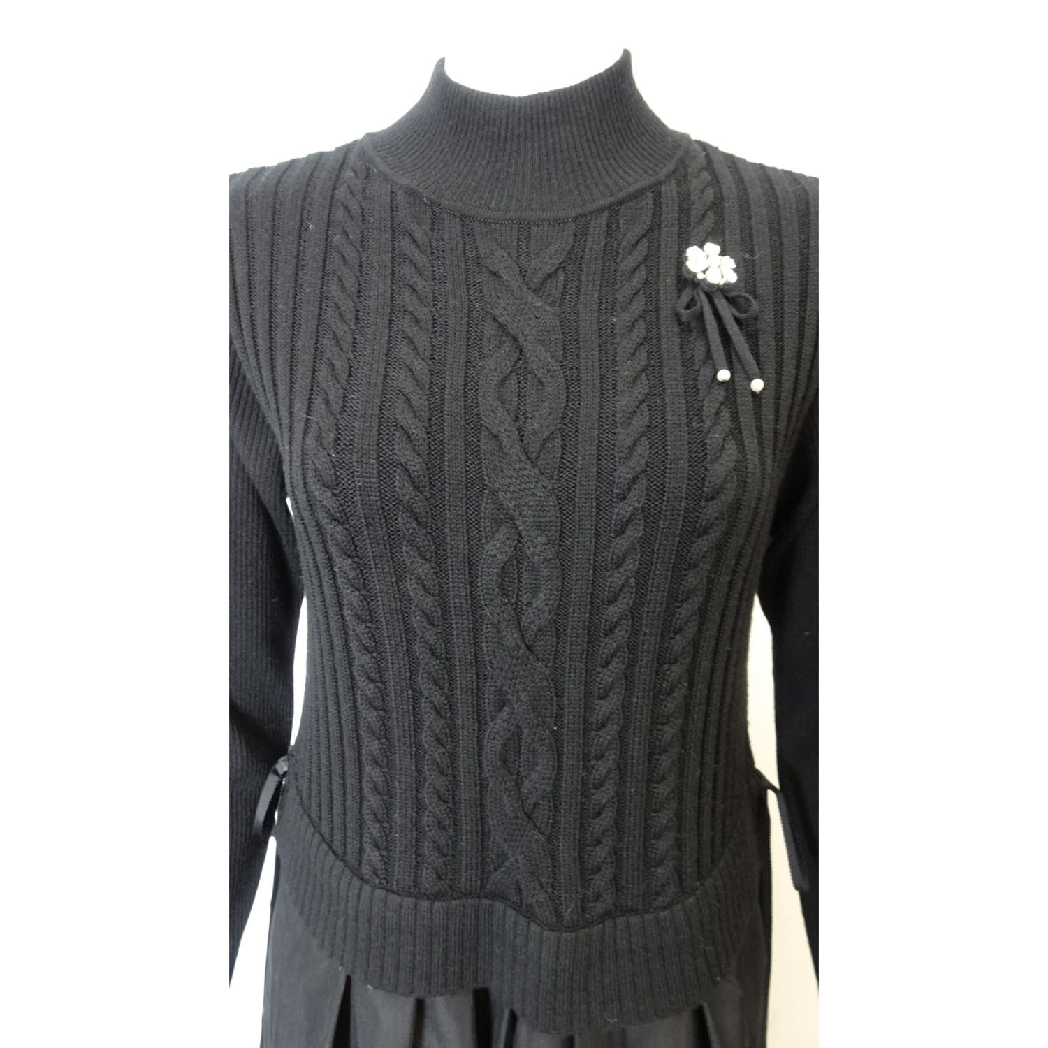 Super Beauty ウエスト異素材切替ケーブル編みハイネックワンピース - 画像6