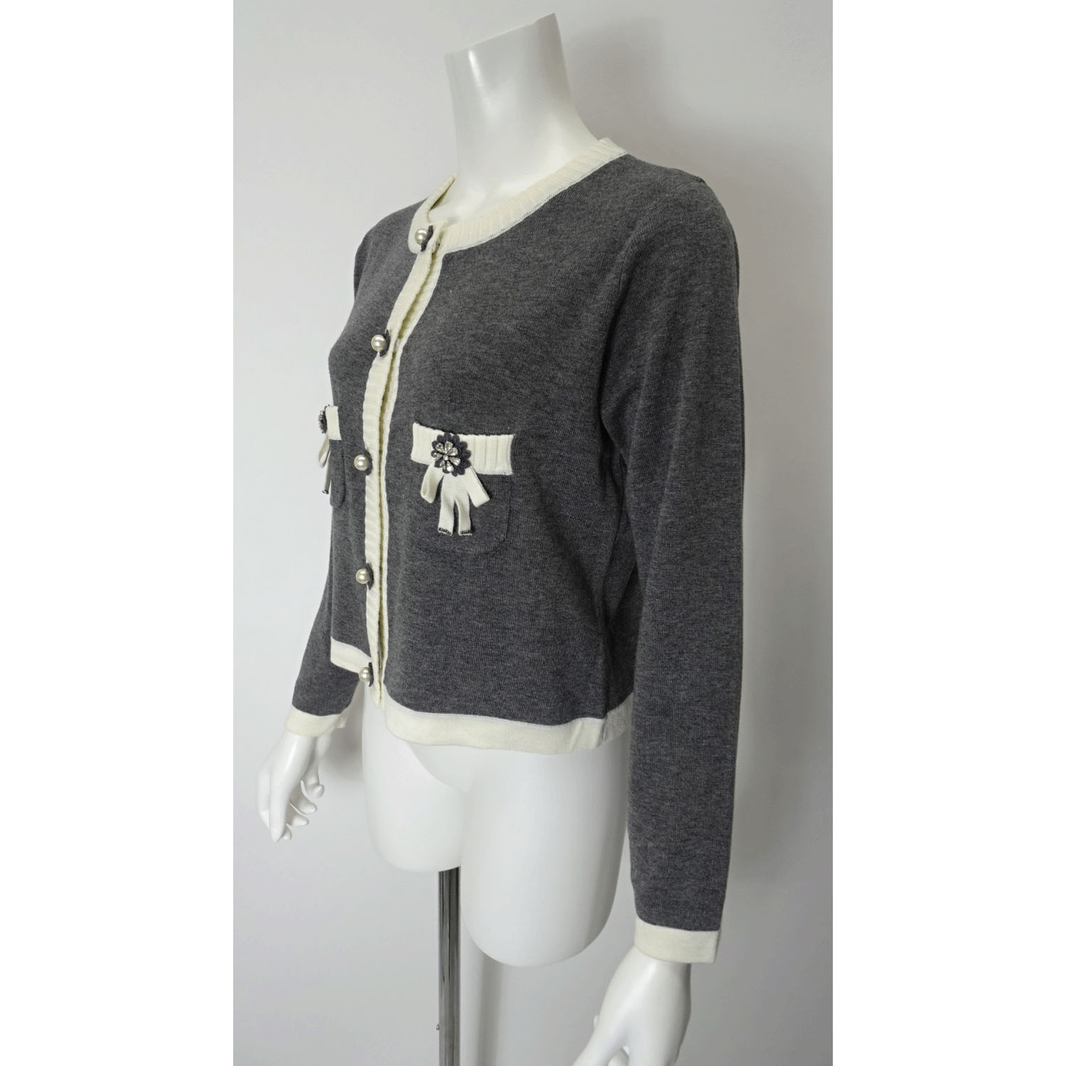 Super Beauty 配色ノーカラーニットカーディガン - 画像3