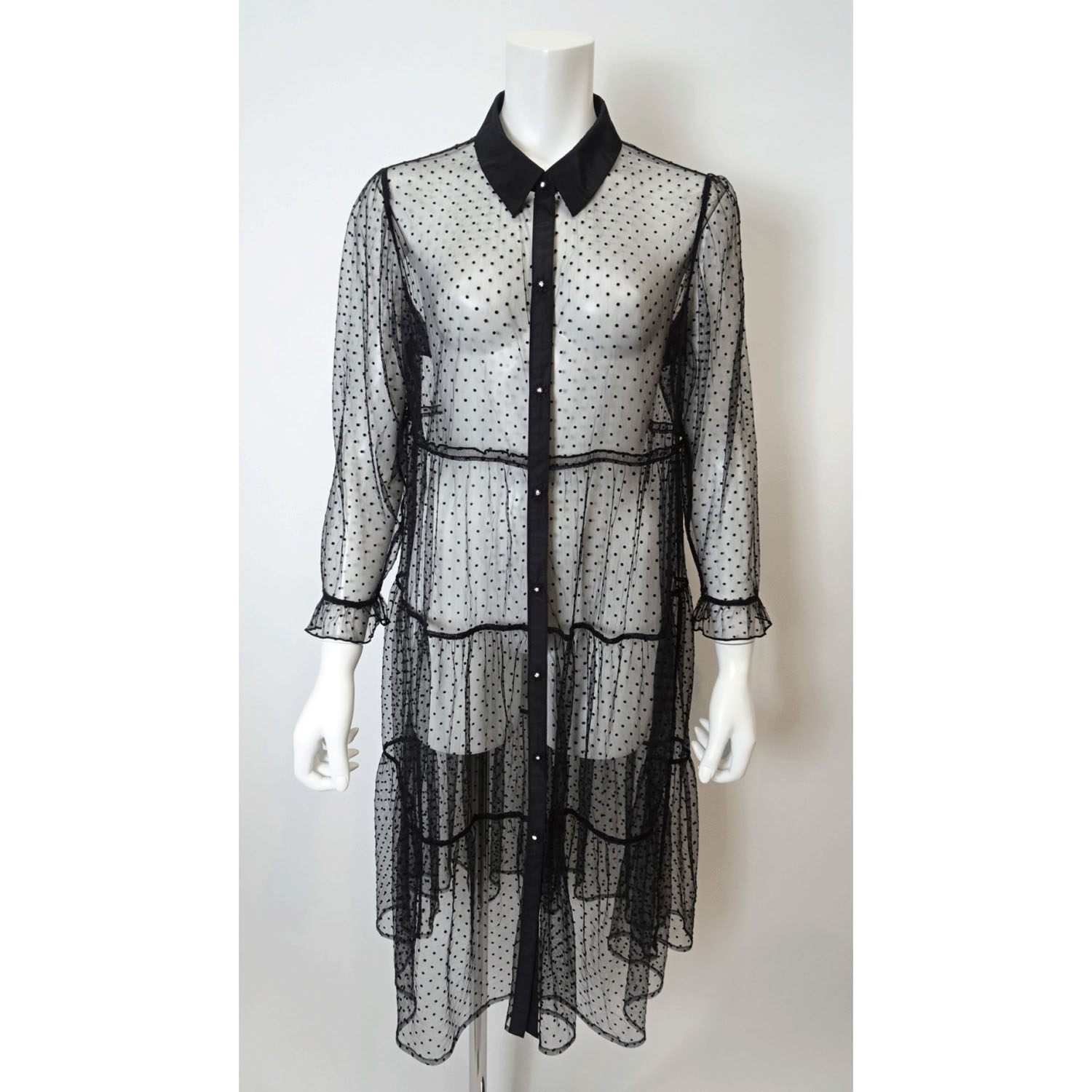 Super Beauty ドット柄チュール襟付きティアードブラウス - 画像1