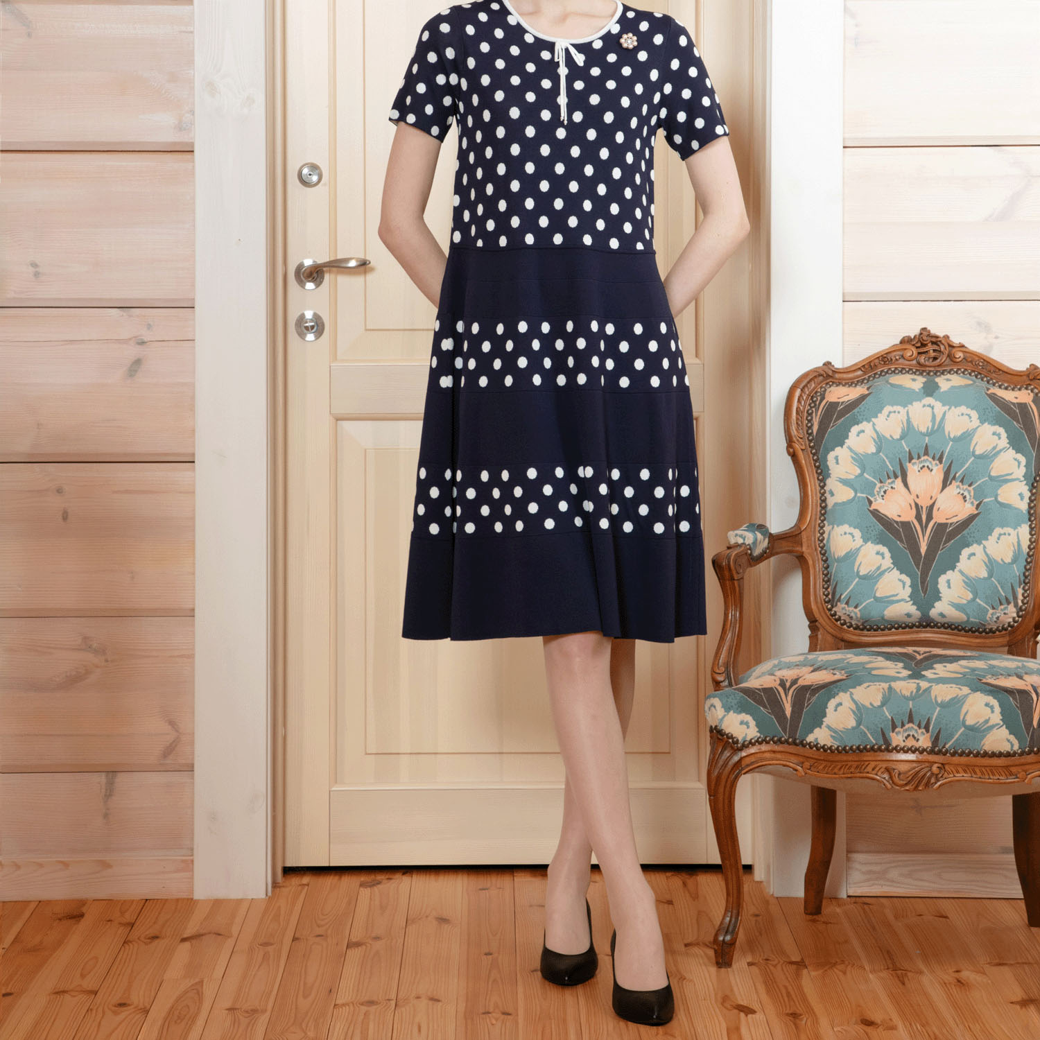 Super Beauty 水玉ジャカード編み切替ニットワンピース - 画像7