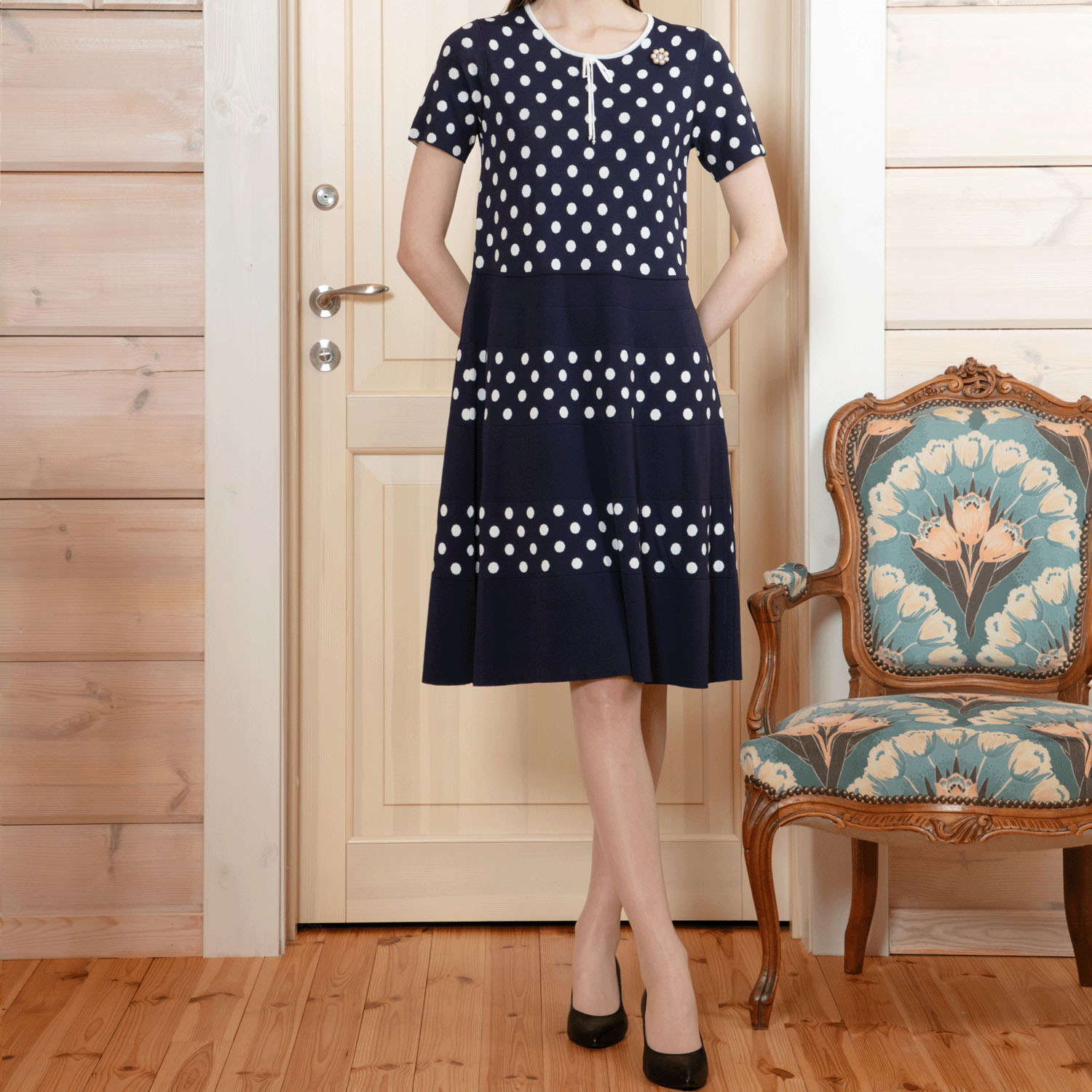 Super Beauty 水玉ジャカード編み切替ニットワンピース - 画像1