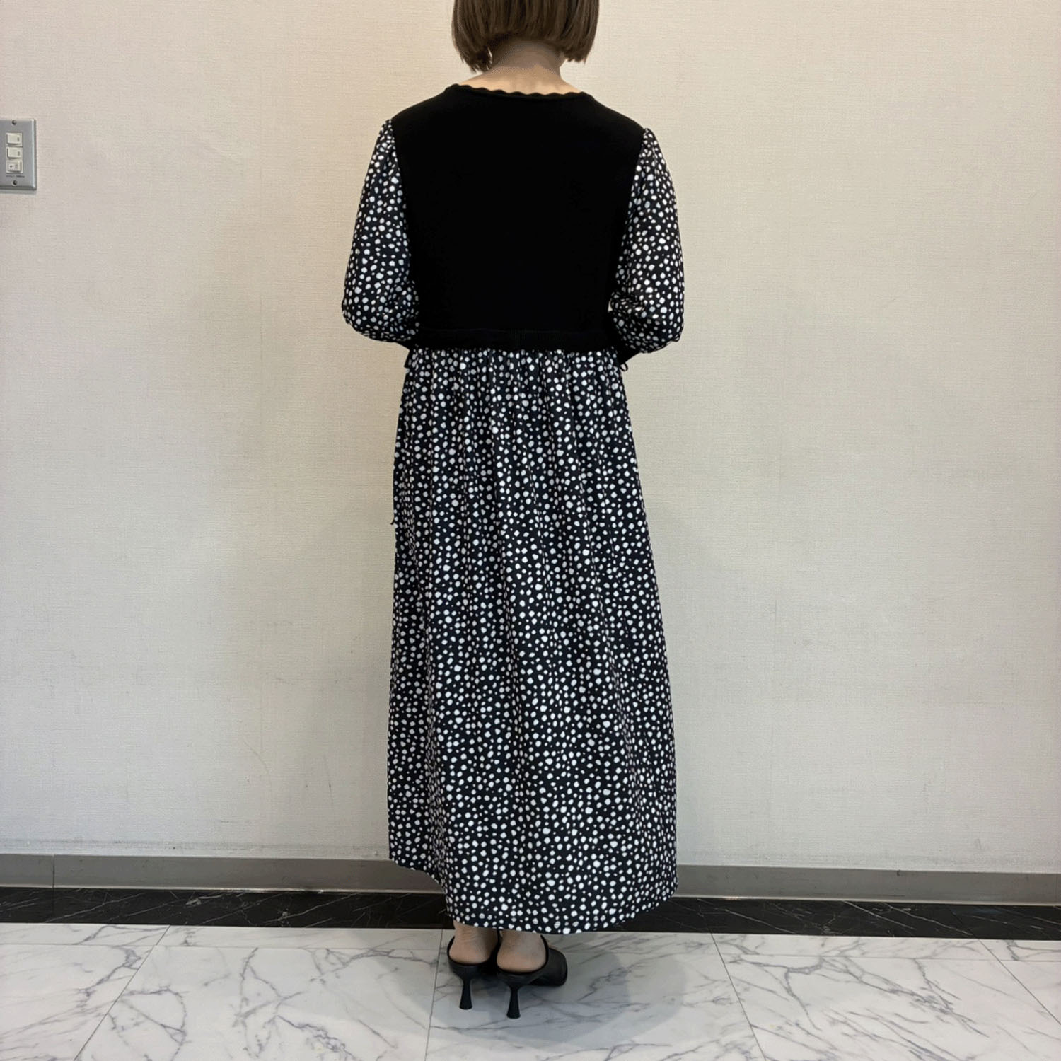 Super Beautyかぎ針花モチーフ使いニット×ドット柄切替ワンピース - 画像4