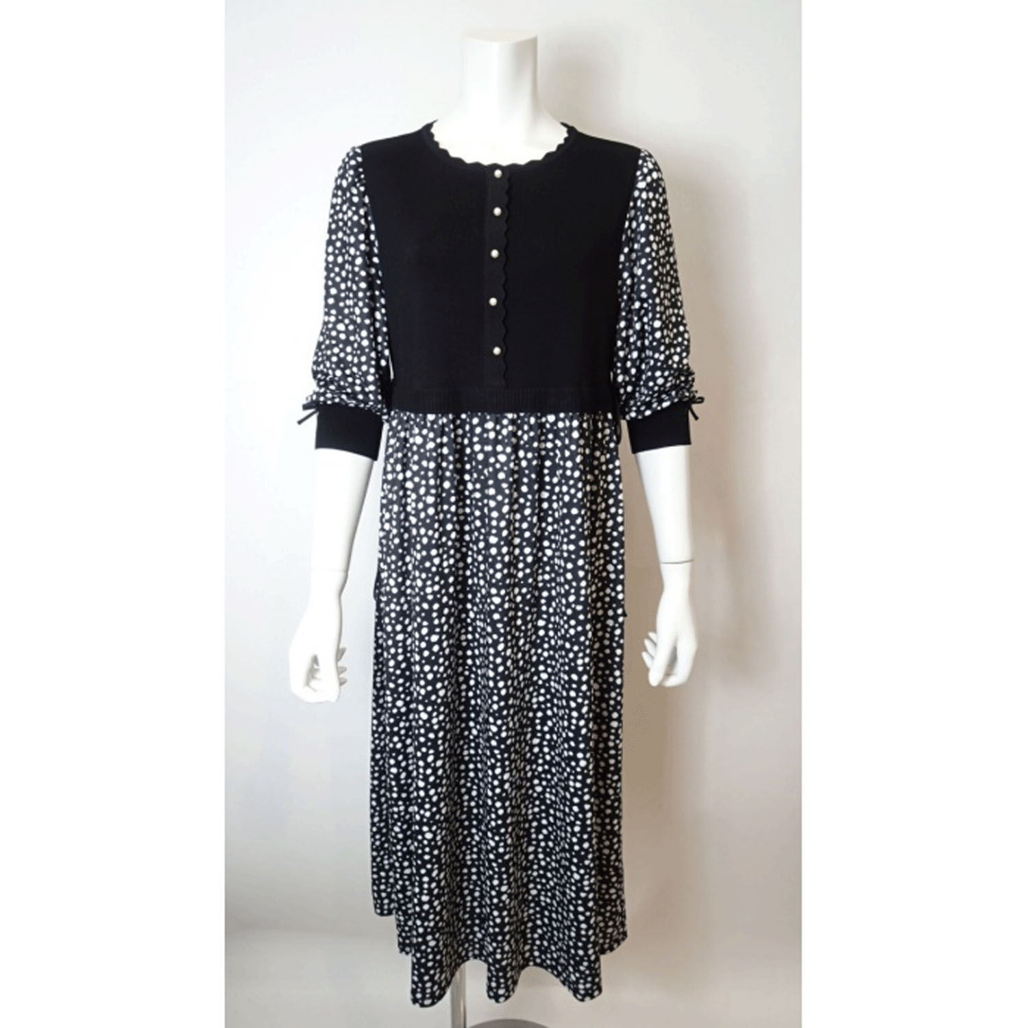 Super Beautyかぎ針花モチーフ使いニット×ドット柄切替ワンピース - 画像6