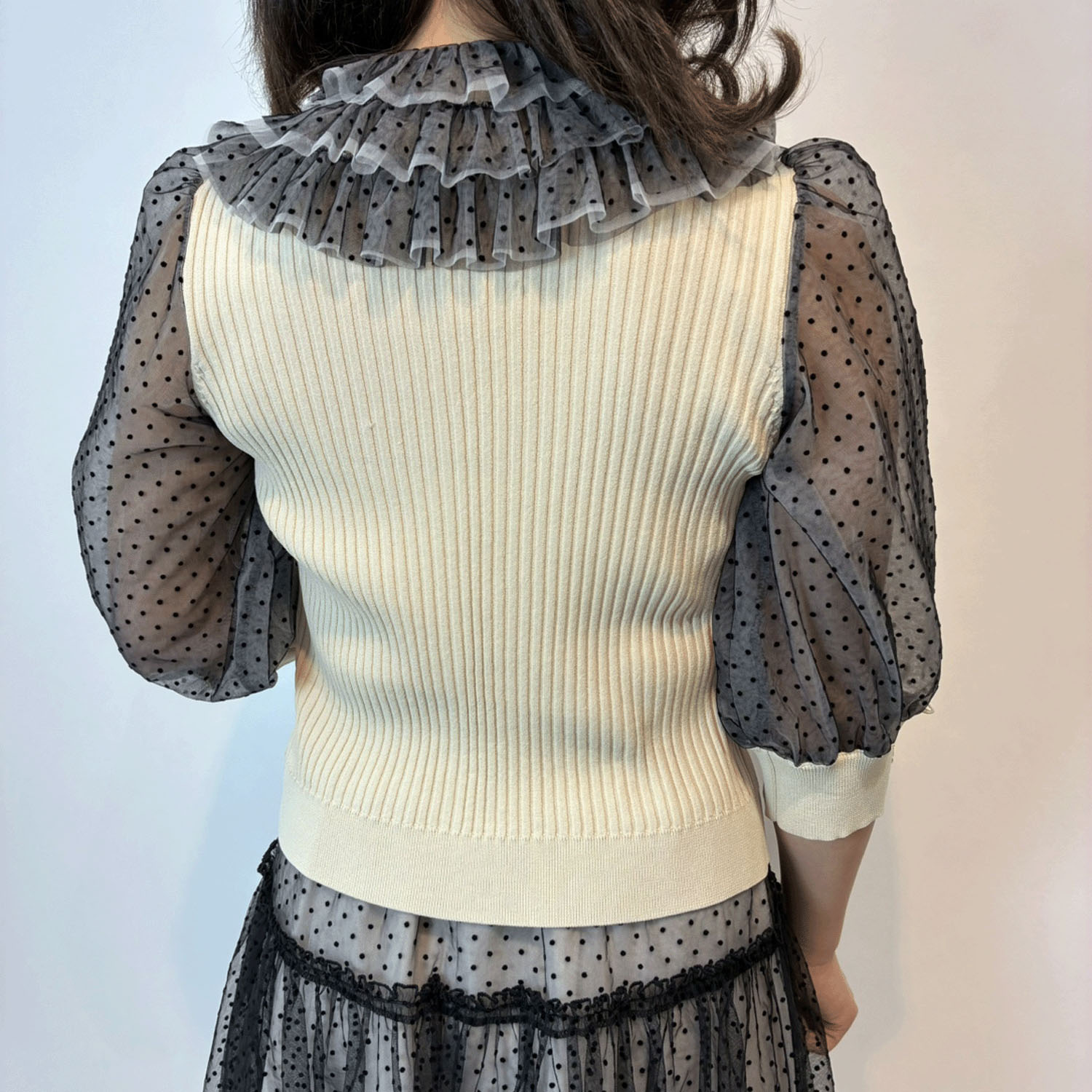 【3月中旬入荷予定】Super Beauty ドット柄袖＆衿のリブ編みニットカーディガン（衿着脱可） - 画像15